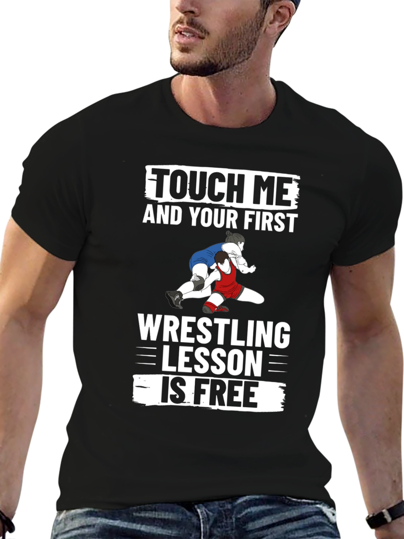 Black Touch Me and Your First Wrestling Lesson is Free Black T-Shirt view 6