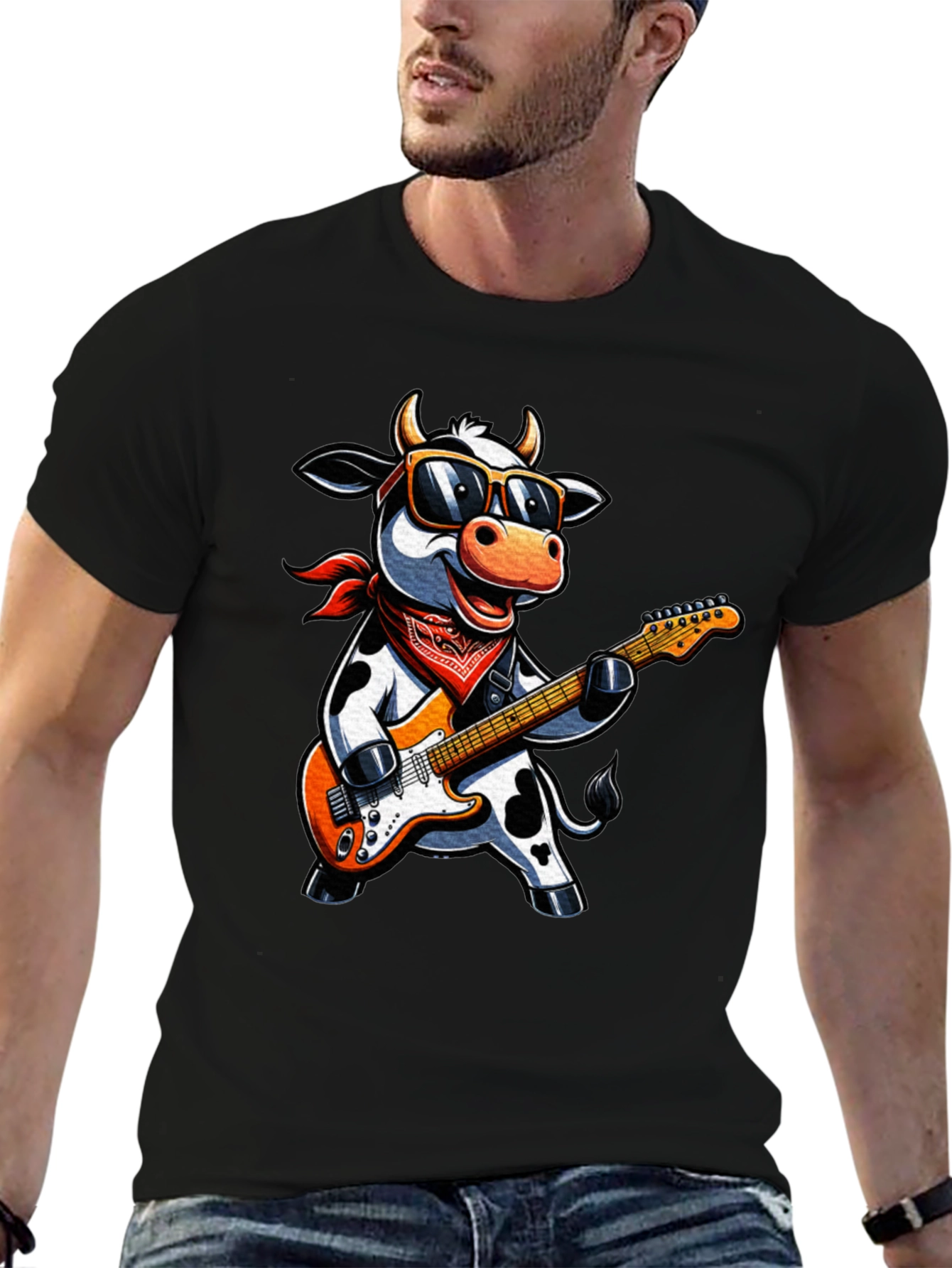 Black Cool Cow Guitarist Graphic Tee - Rock On! view 6