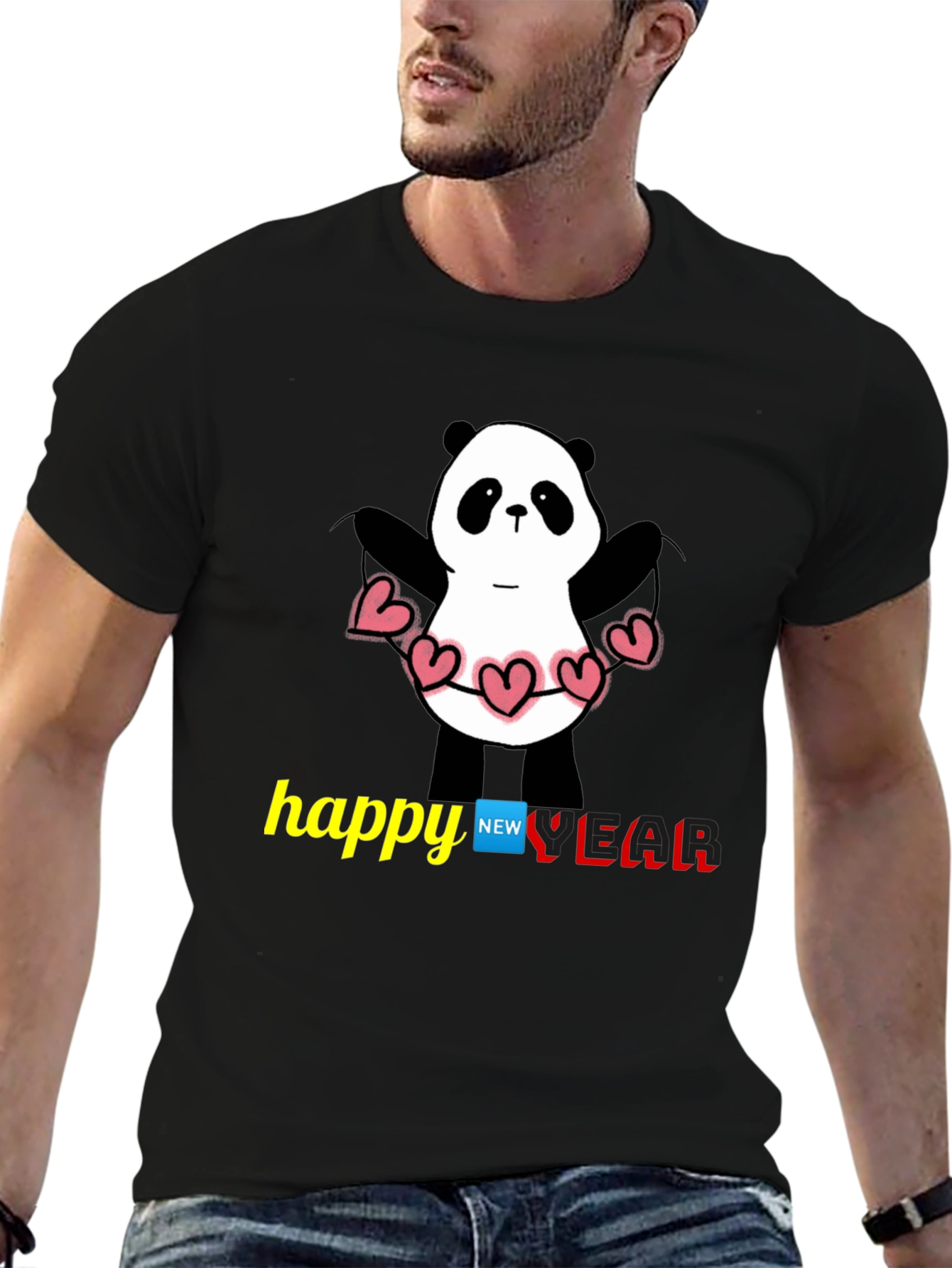 Black Happy New Year Panda T-Shirt - Black view 6