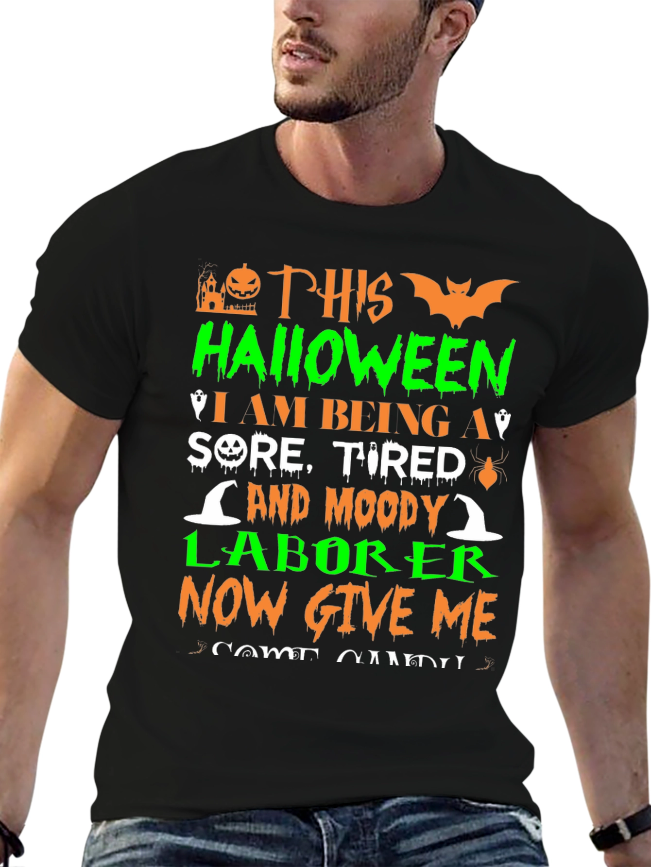 Black Halloween Sore Tired Moody Laborer T-Shirt view 6