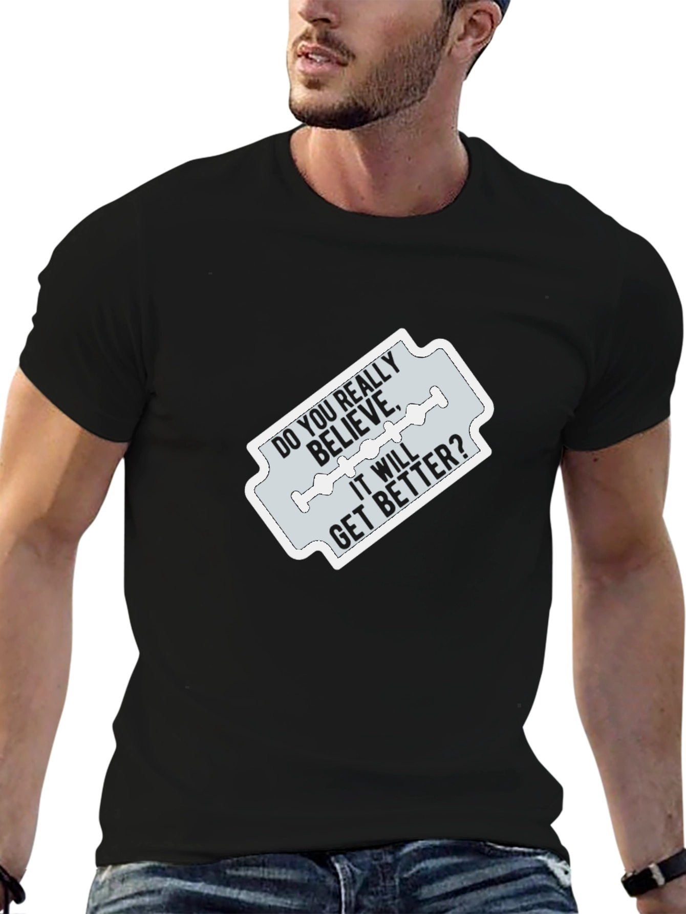 Black Edgy Graphic Tee - 'Do You Really Believe?' Design view 6