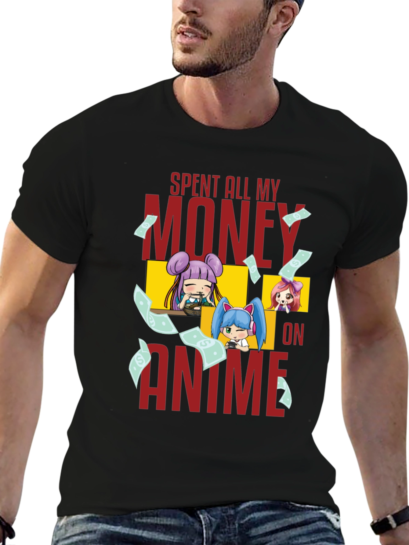 Black Anime Fan T-Shirt - Spent All My Money On Anime Graphic Tee view 6