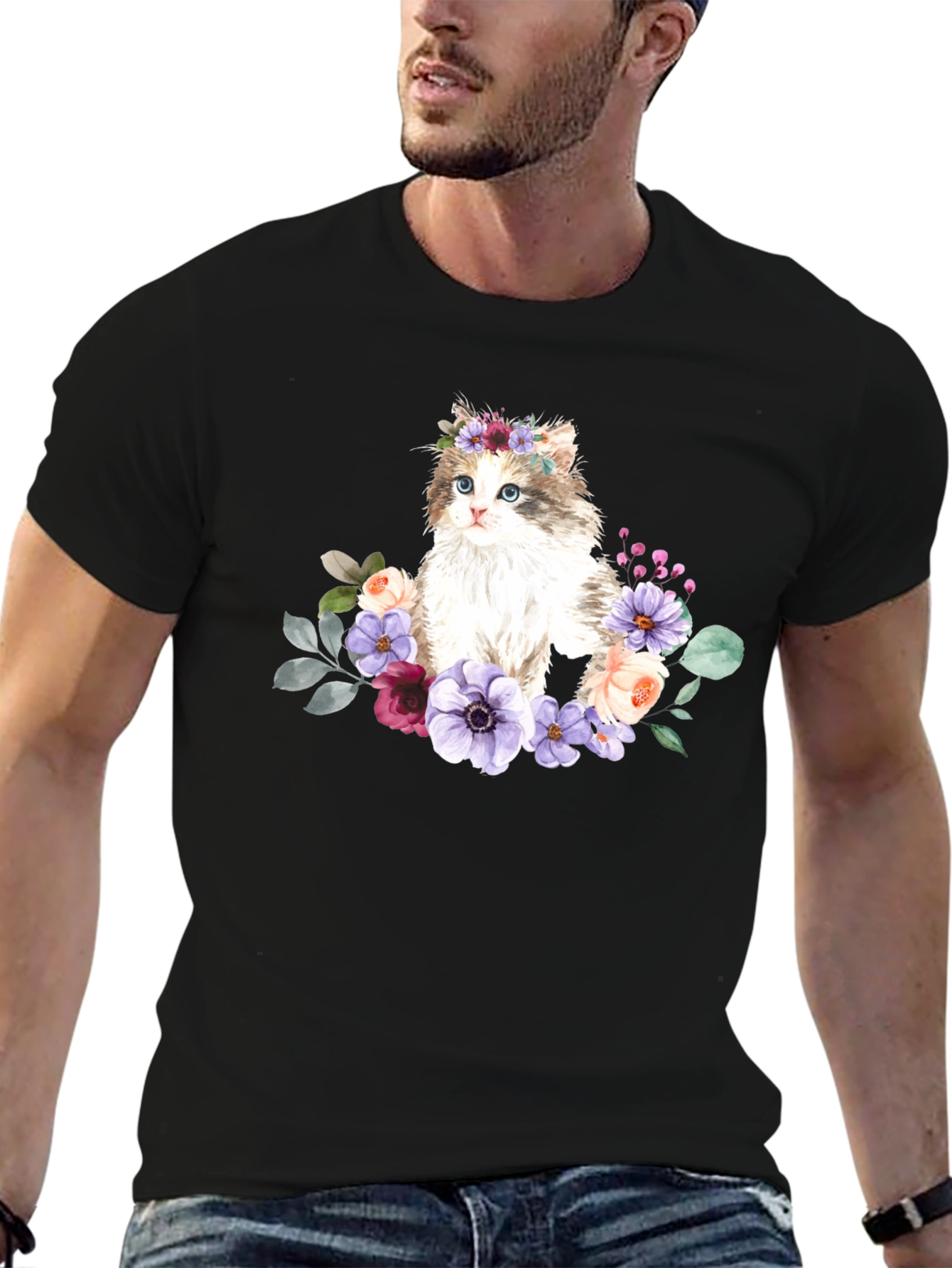 Black Floral Cat Graphic T-Shirt - Black view 6