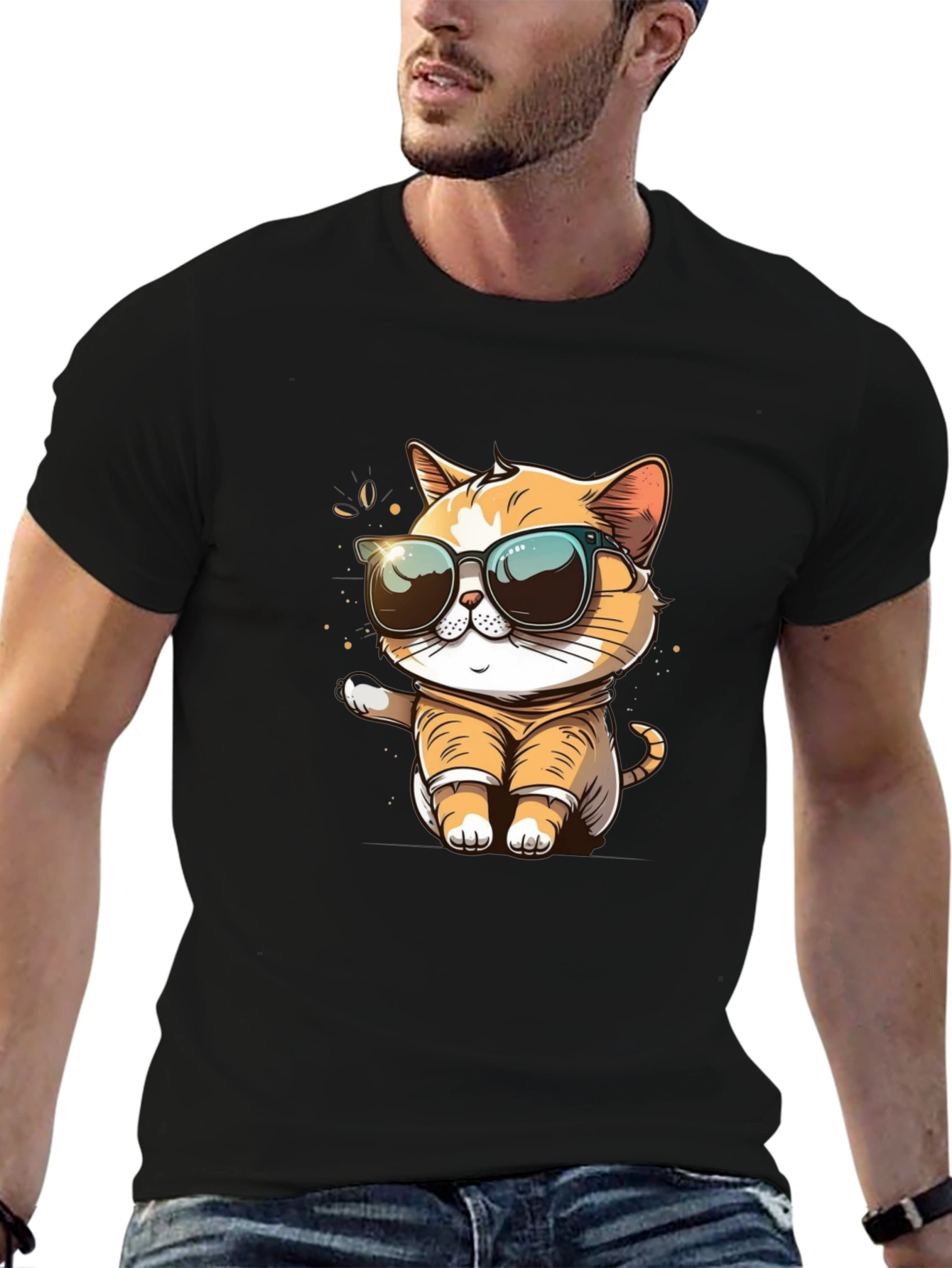 Black Cool Cat Graphic Tee - Trendy Style view 6