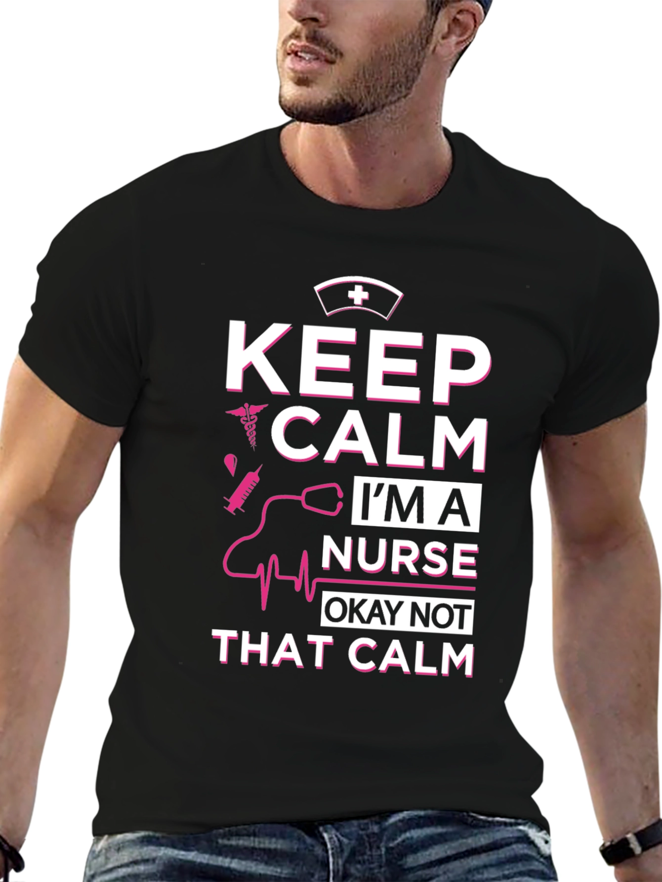 Black Keep Calm I'm A Nurse T-Shirt - Funny Nurse Tee view 6