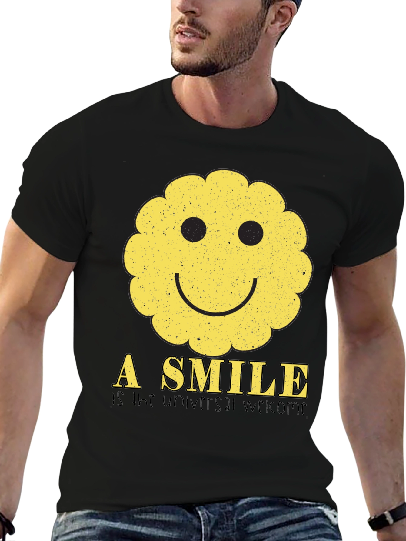 Black Smiley Face Graphic Tee - Universal Welcome T-Shirt view 6