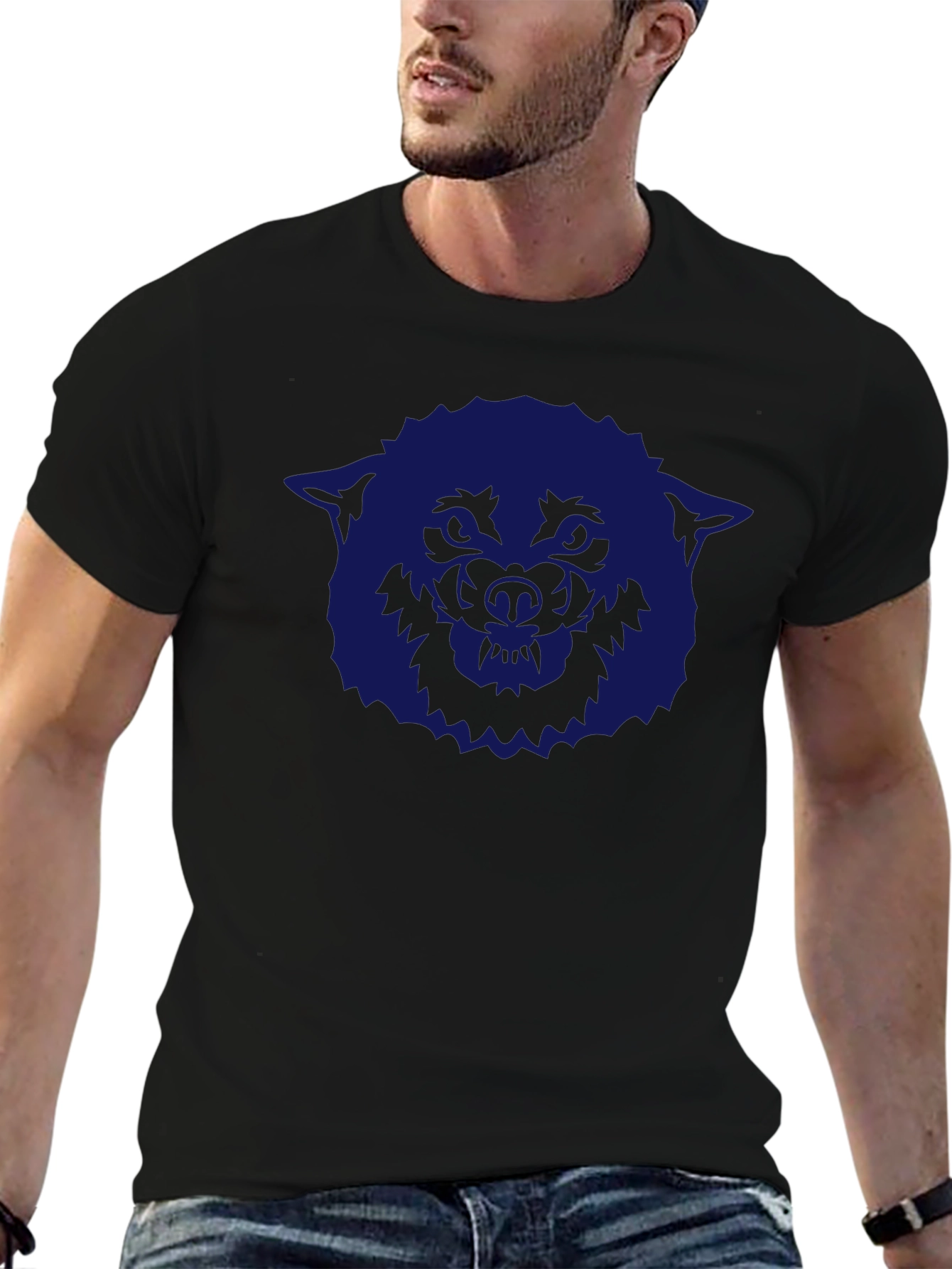 Black Men's Black T-Shirt with Blue Wolf Graphic view 6