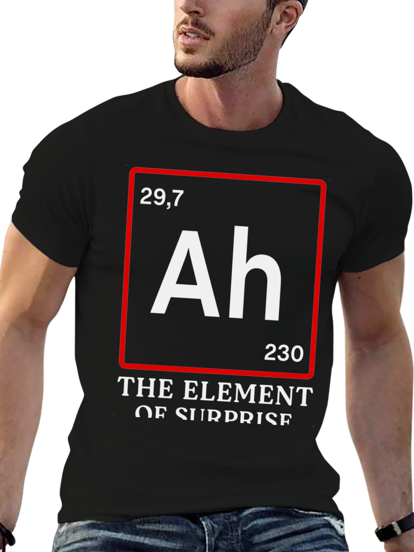 Black Funny Science T-Shirt: Element of Surprise (Ah) view 6
