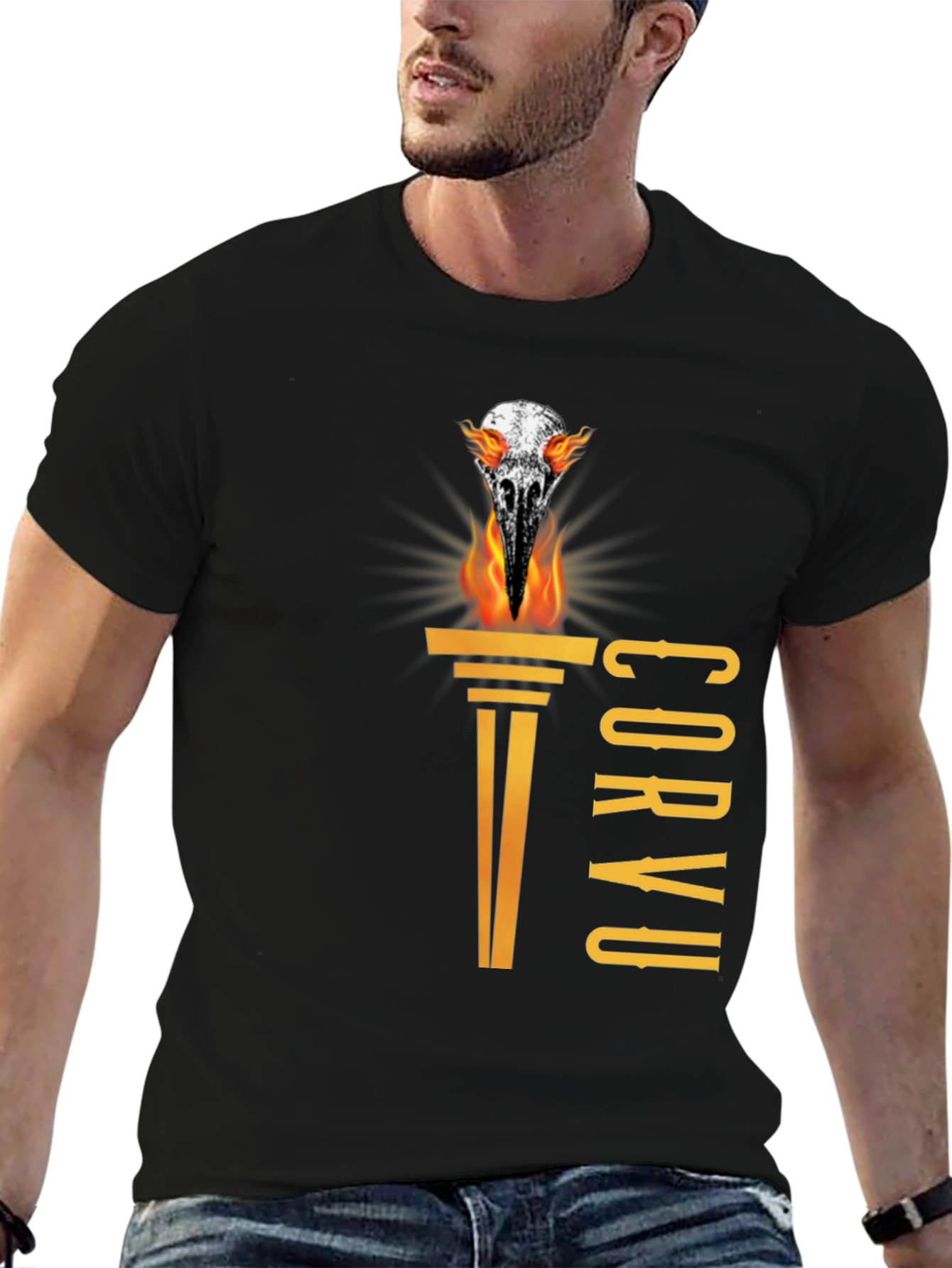 Black Corvus T-Shirt - Bird Skull on Fire view 6