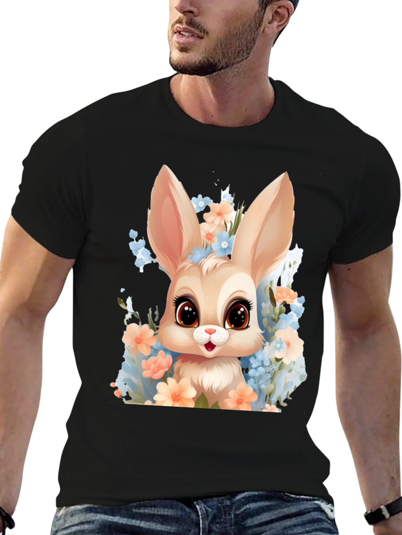 Black Cute Bunny in Flowers Graphic T-Shirt view 6