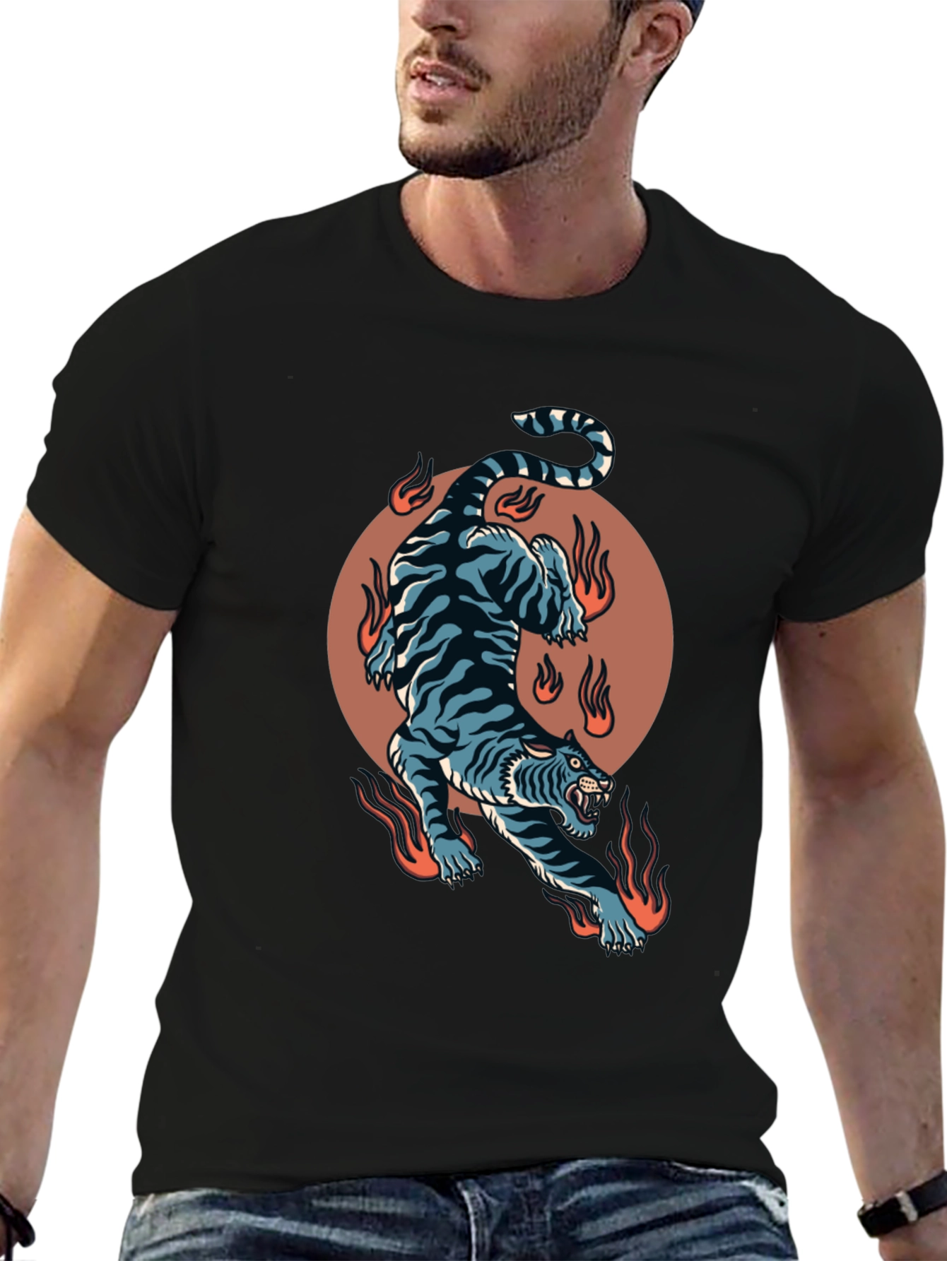 Black Fiery Tiger Graphic Tee - Bold Black T-Shirt view 6