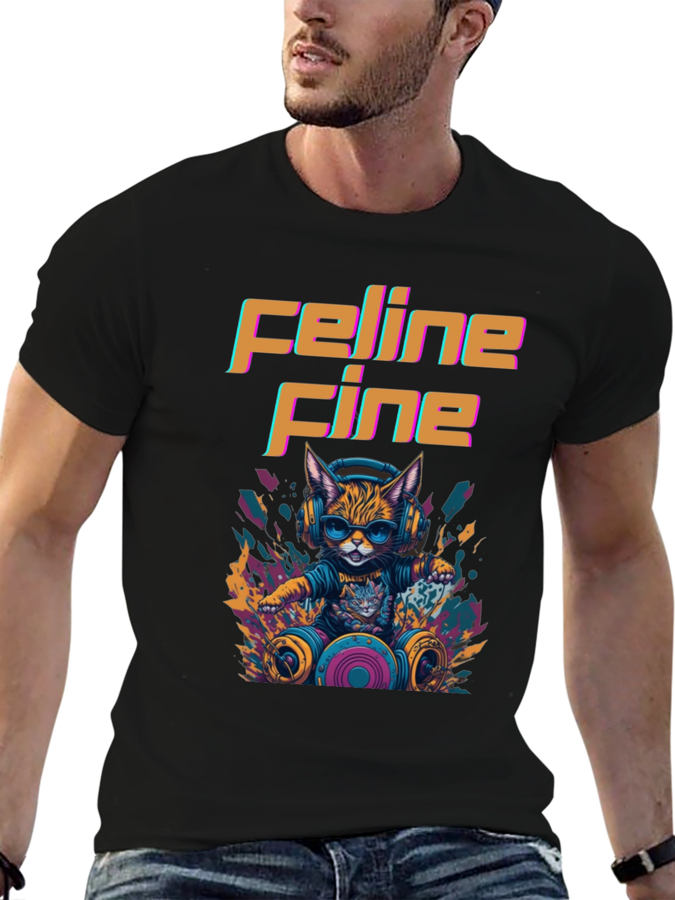 Black Feline Fine Graphic Tee - DJ Cat T-Shirt view 6