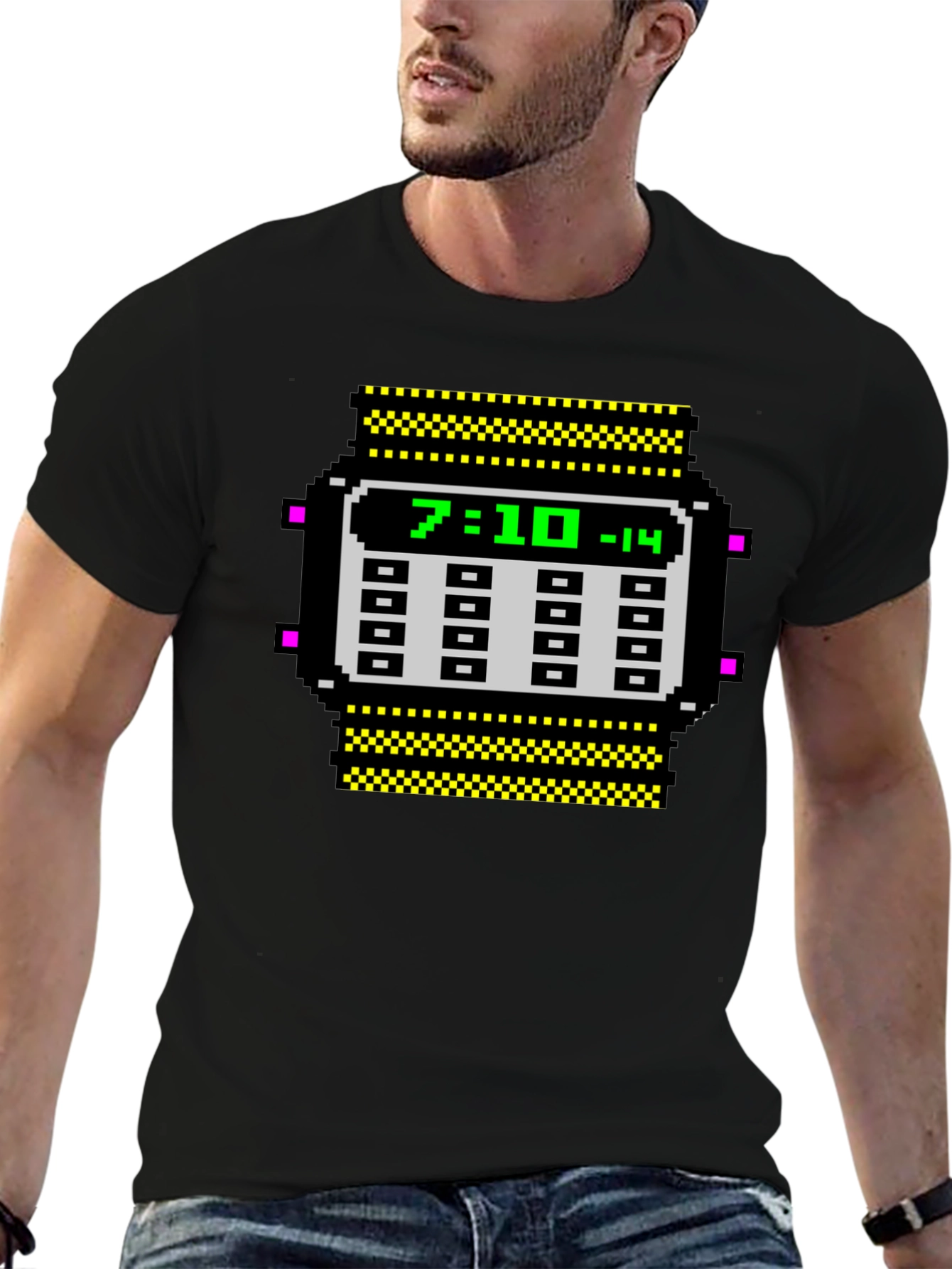Black Retro Pixel Watch T-Shirt - Geeky Timepiece Design view 6