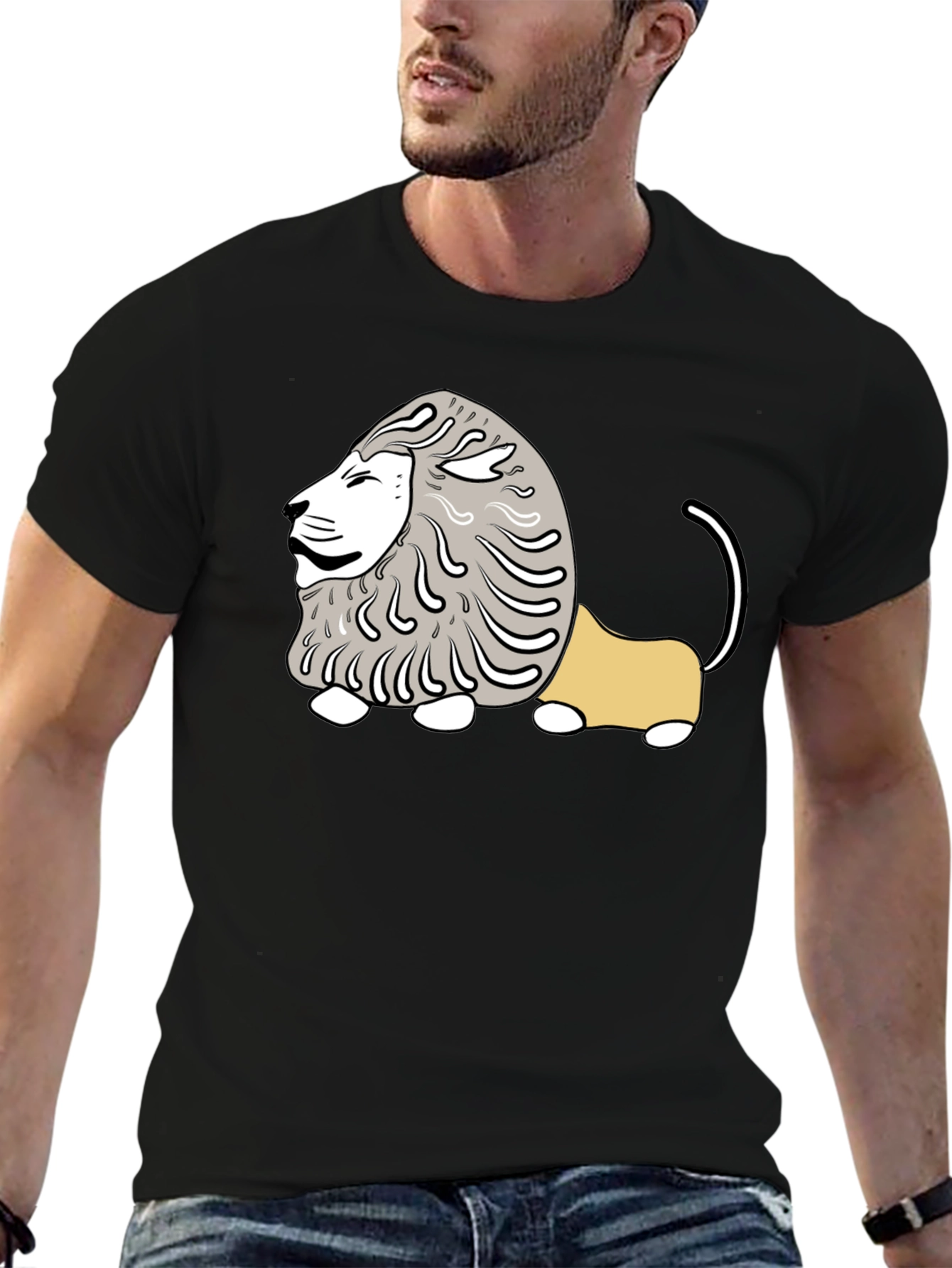 Black Cartoon Lion Graphic Tee - Casual Black T-Shirt view 6