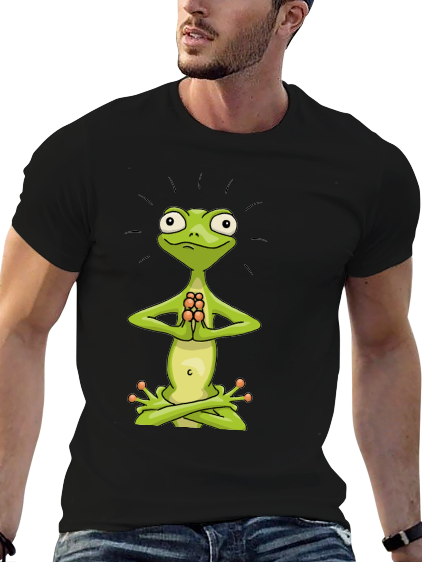Black Zen Frog Tee - Meditating Cartoon Frog T-Shirt view 6