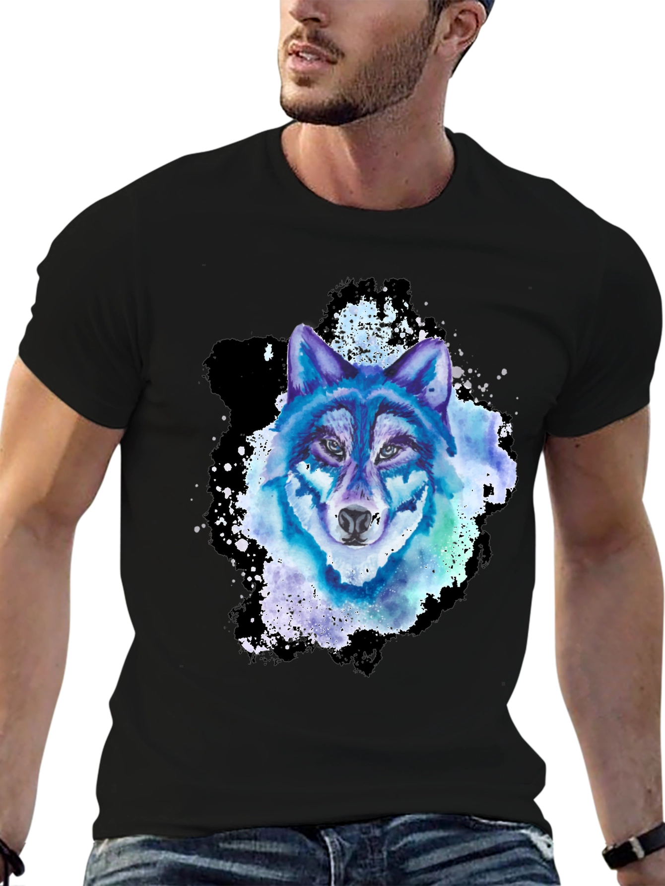 Black Watercolor Wolf Graphic T-Shirt view 6