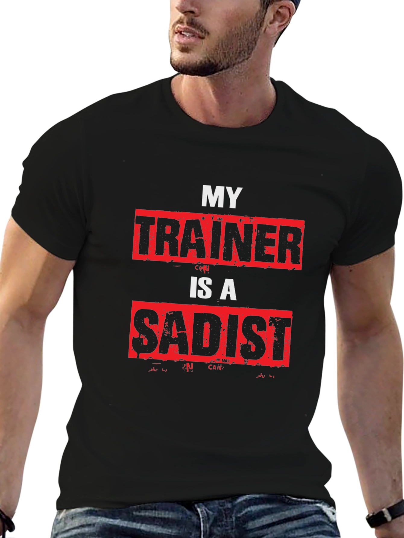 Black My Trainer is a Sadist Graphic Tee - Gym Humor T-Shirt view 6