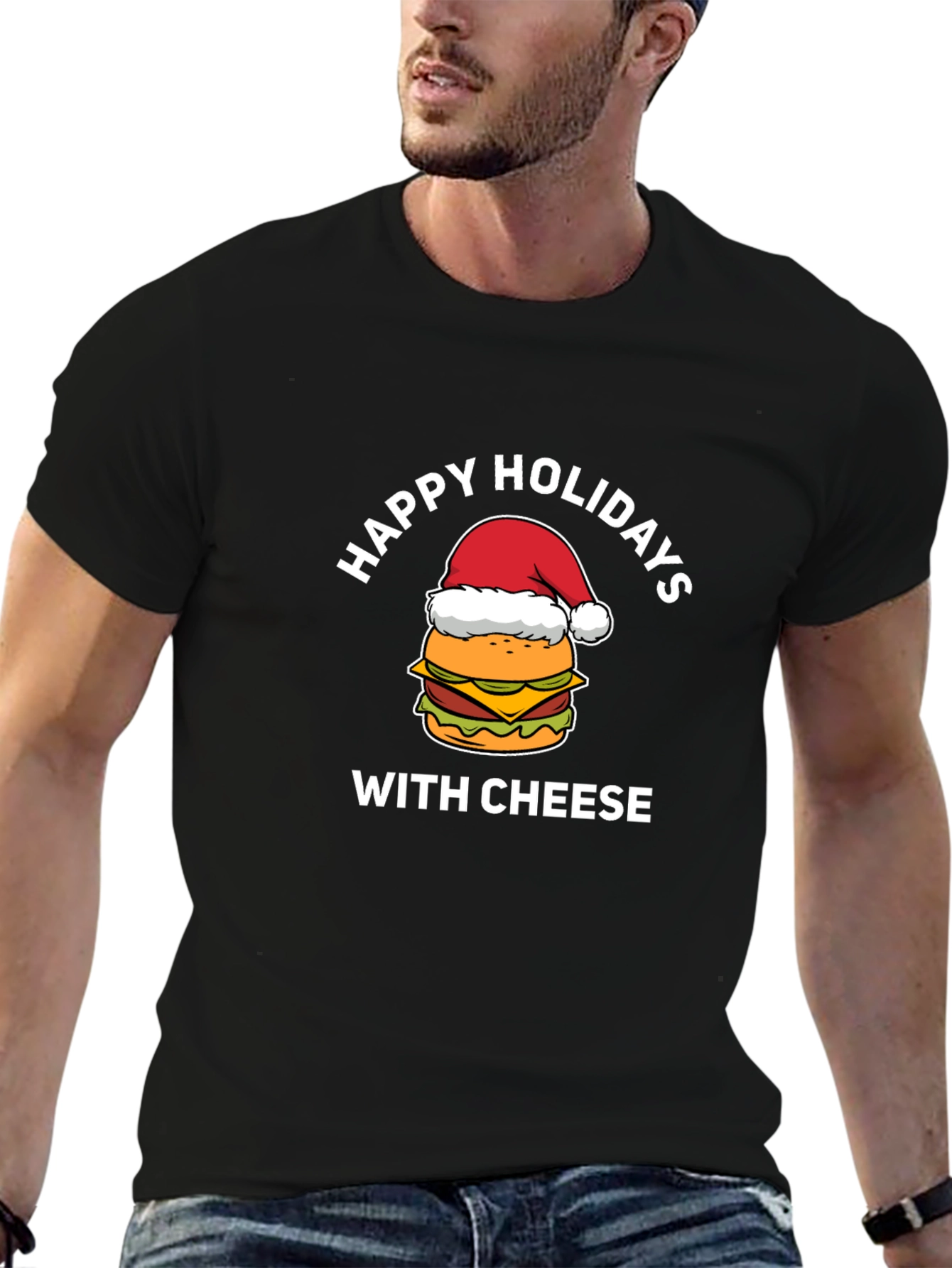 Black Happy Holidays With Cheese Burger T-Shirt view 6