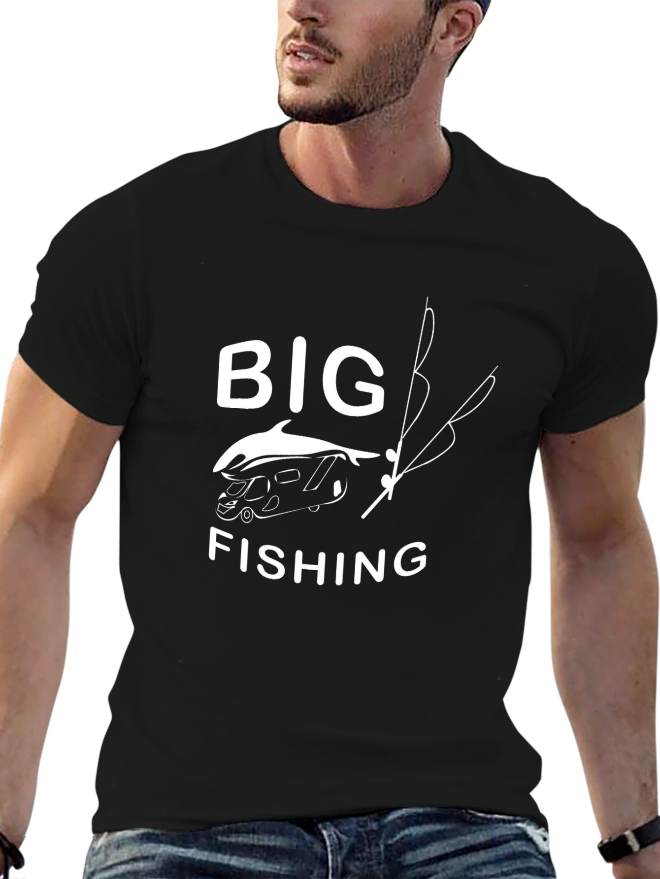 Black Big Fishing T-Shirt - Novelty Graphic Tee view 6