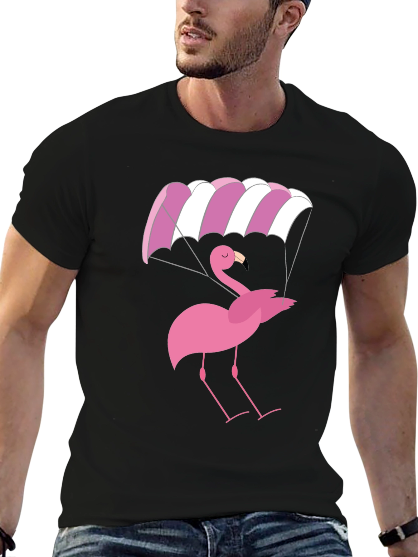 Black Pink Flamingo Parachute Black T-Shirt view 6