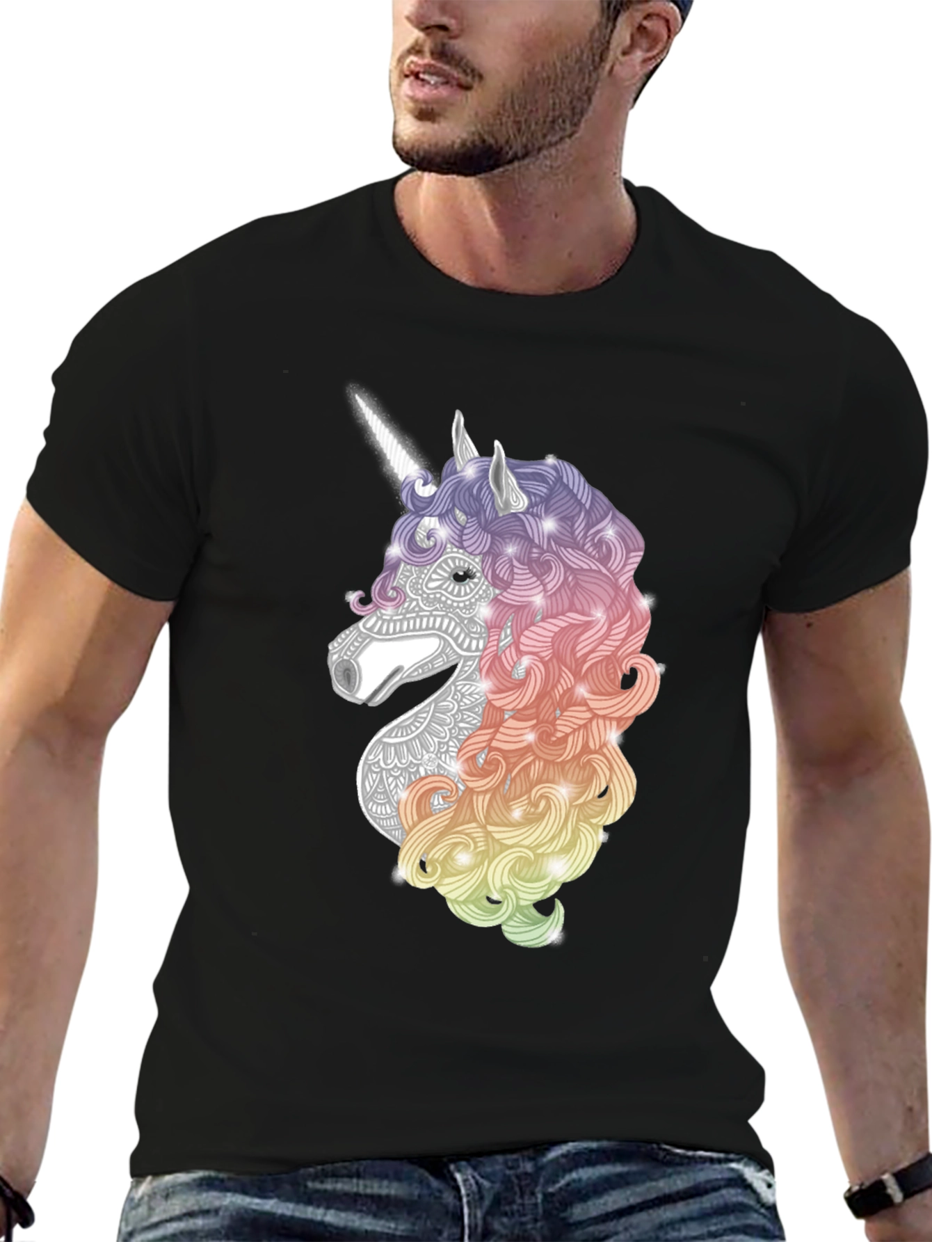 Black Unicorn Graphic Tee - Black Cotton Casual T-Shirt view 6
