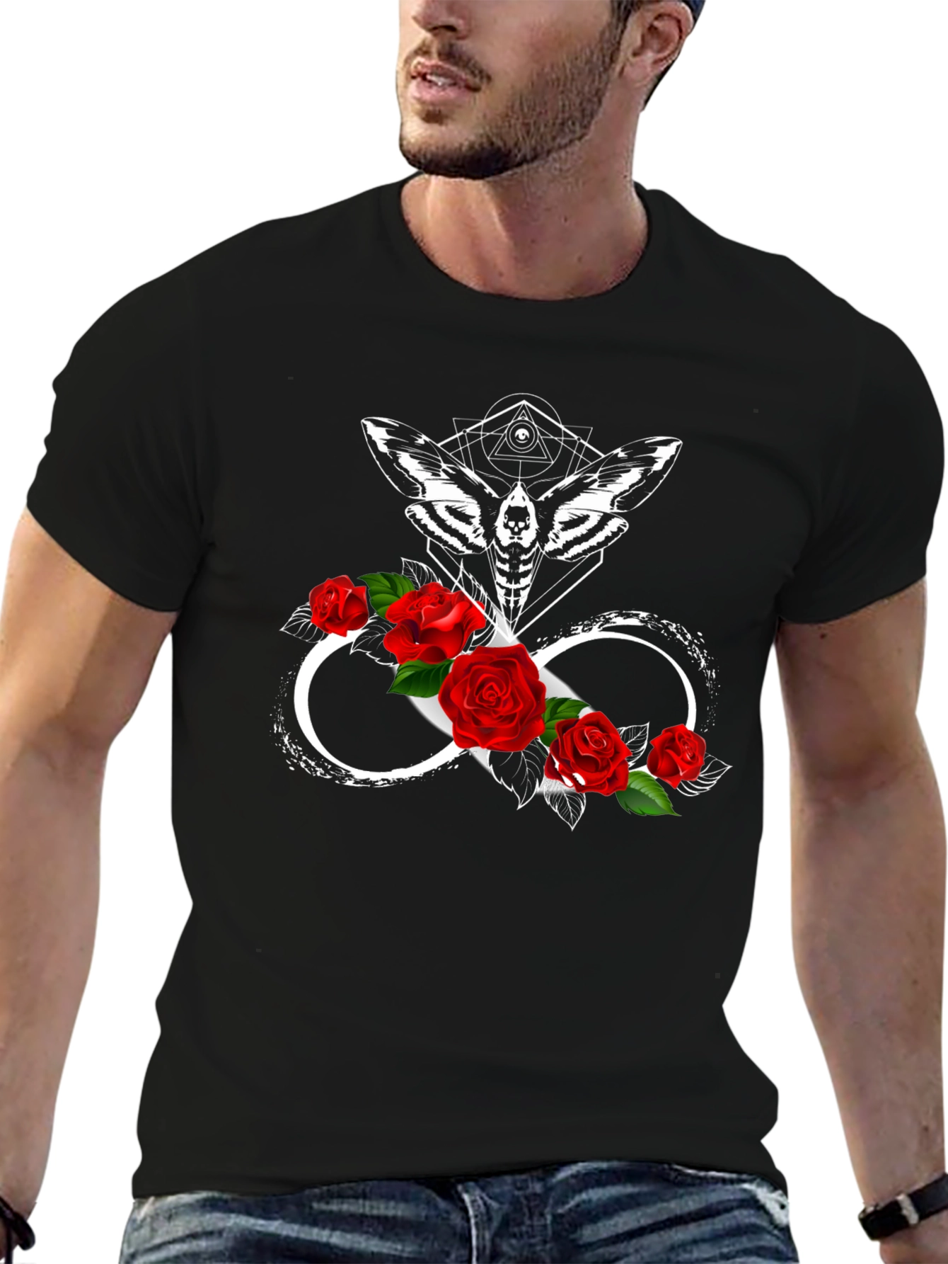 Moth Infinity Roses Black T-Shirt - Gothic Aesthetic - 6