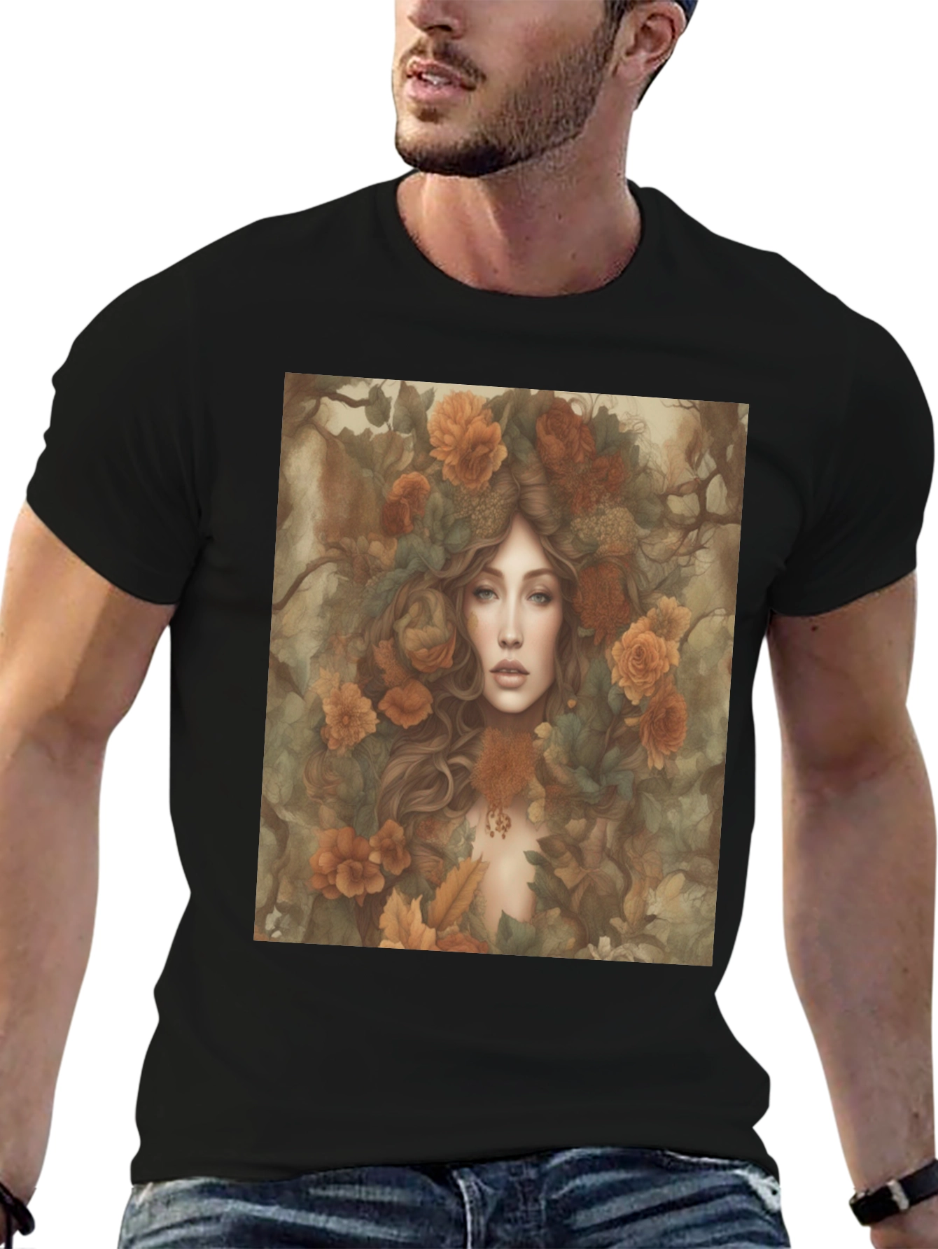 Black Floral Fantasy T-Shirt: Woman with Autumn Flowers view 6