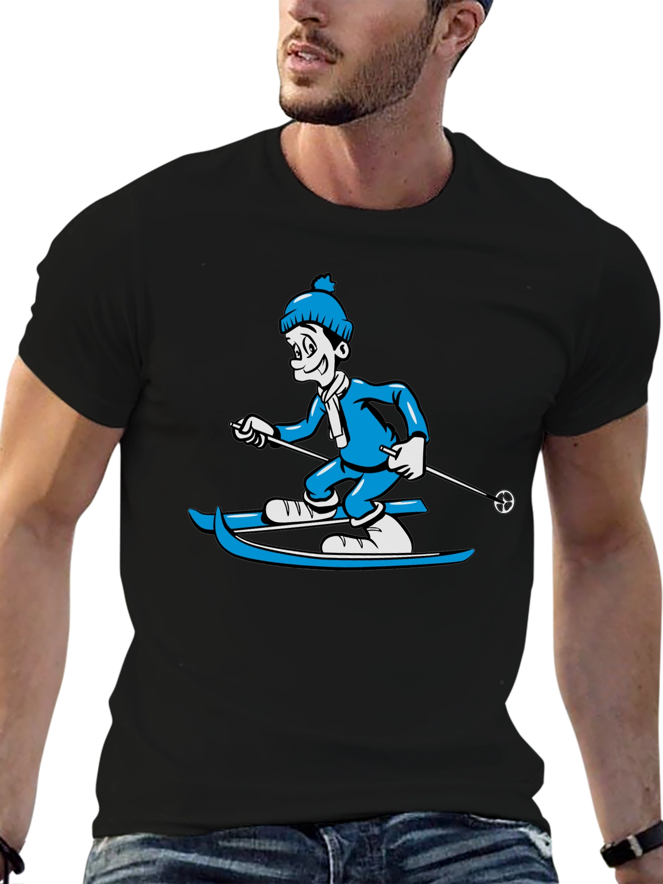 Black Skiing Cartoon Graphic Tee view 6