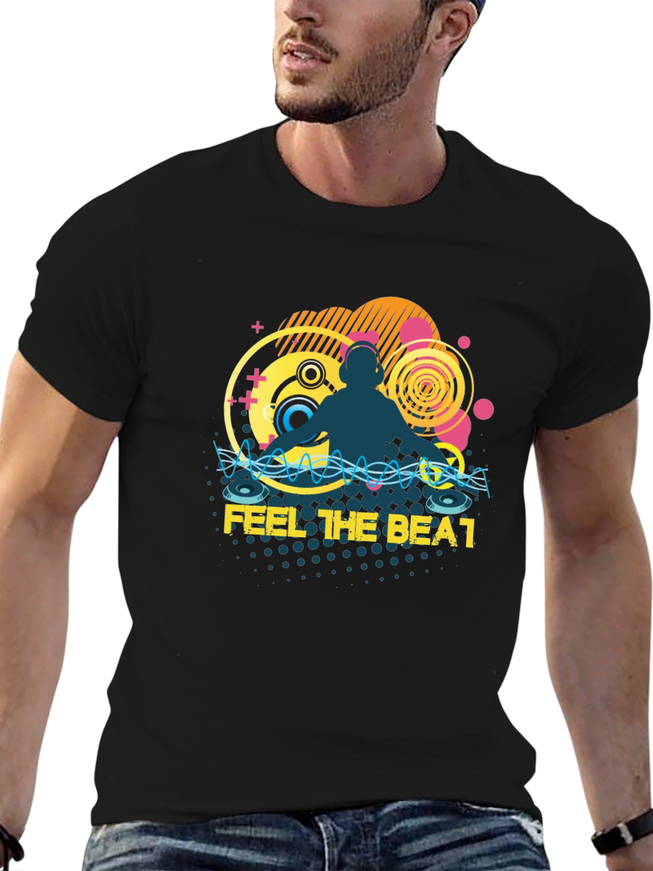 Black DJ Music Graphic T-Shirt - Feel The Beat view 6