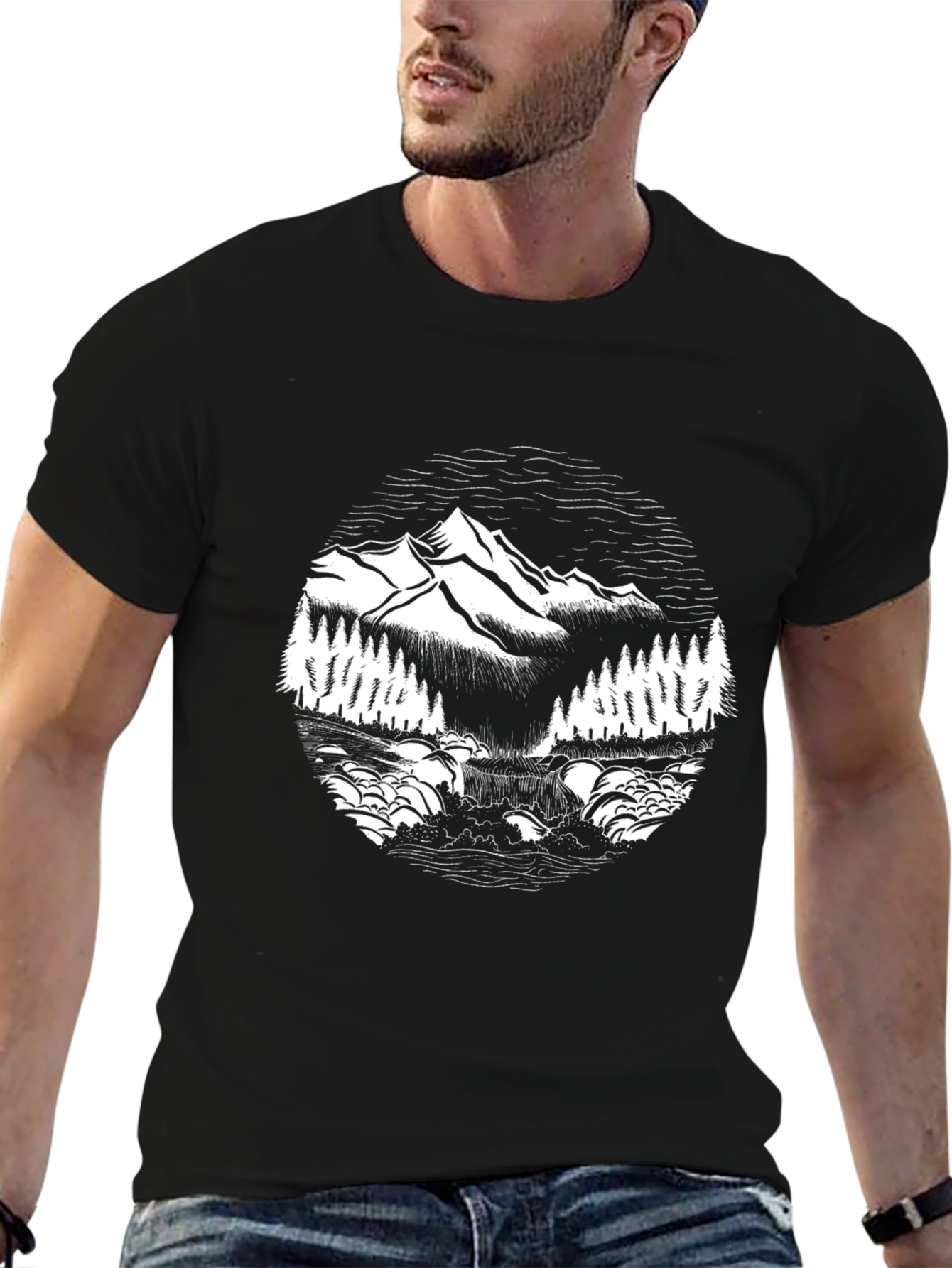 Black Mountain Scene Graphic Tee - Black Cotton T-Shirt view 6