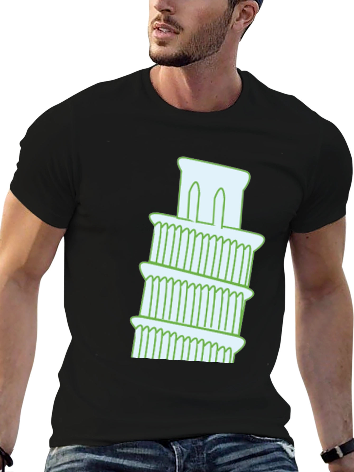 Black Leaning Tower Graphic Tee - Black Cotton T-Shirt view 6