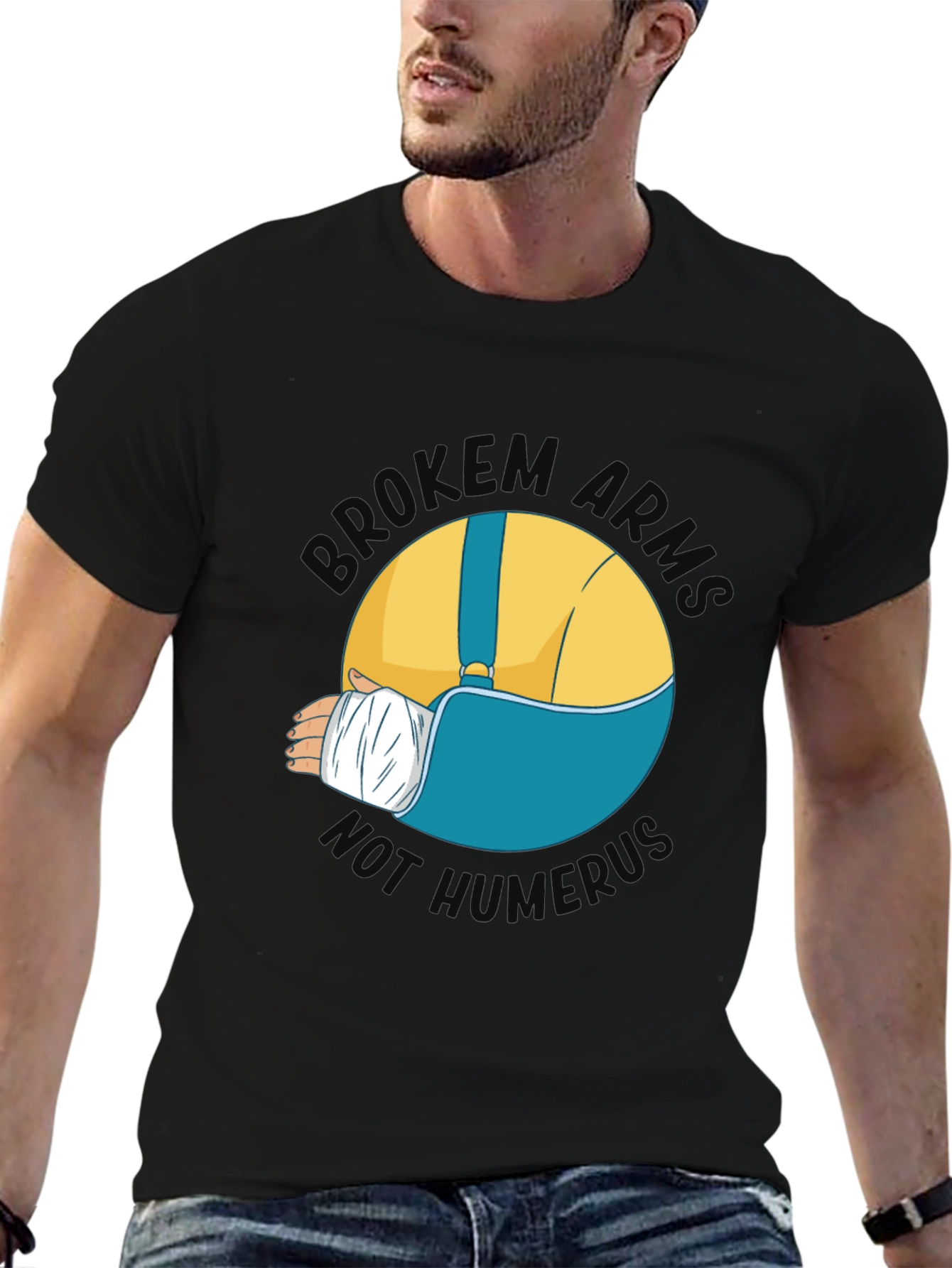 Black Broken Arms Humor Graphic T-Shirt view 6