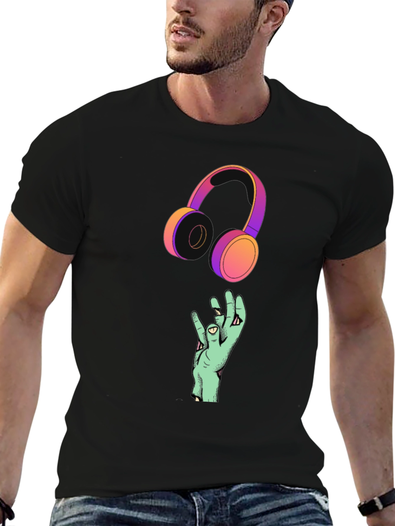 Black Cool Graphic T-Shirt with Headphones and Hand Design view 6