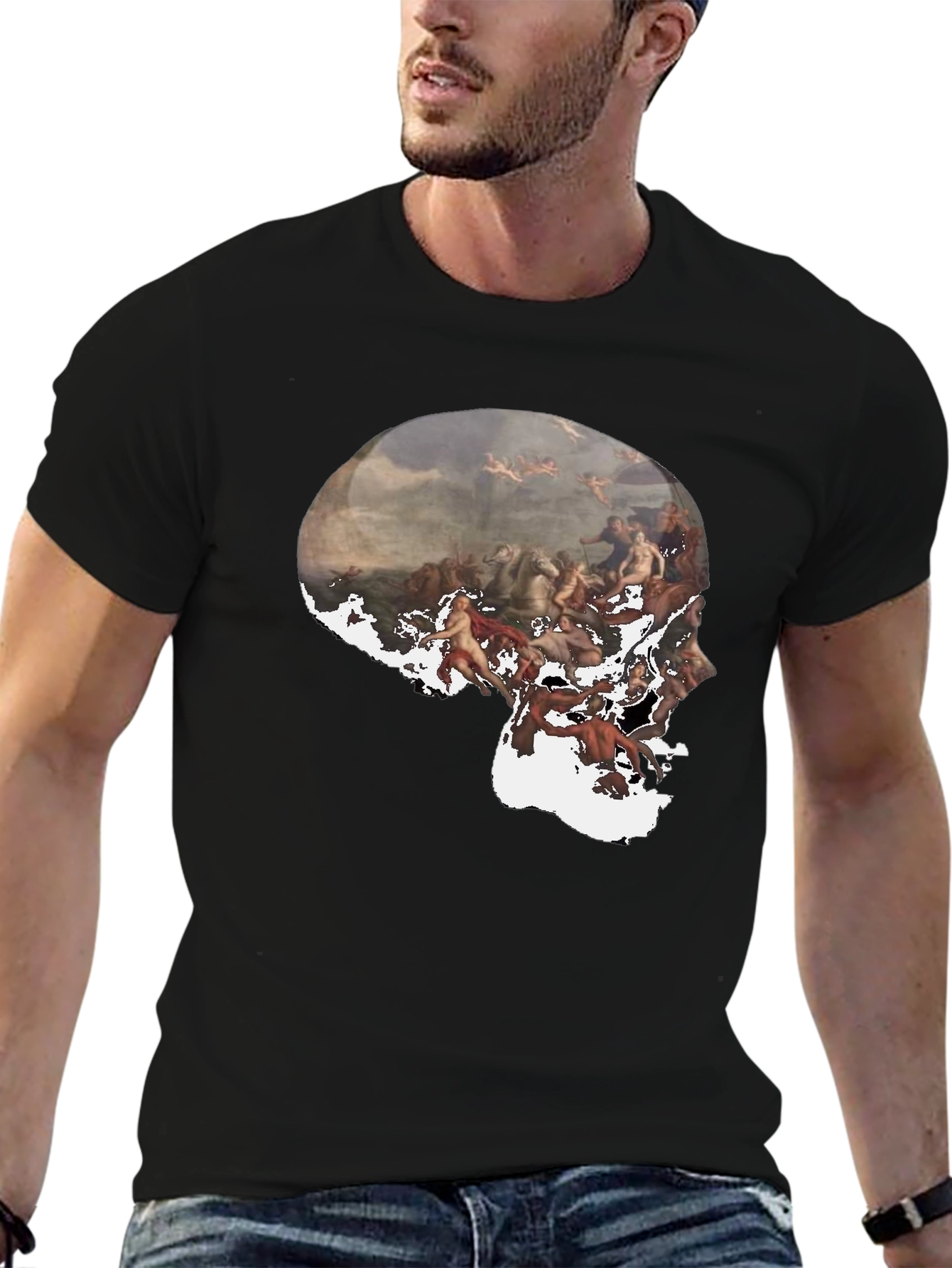 Black Skull Art Graphic Black T-Shirt view 6