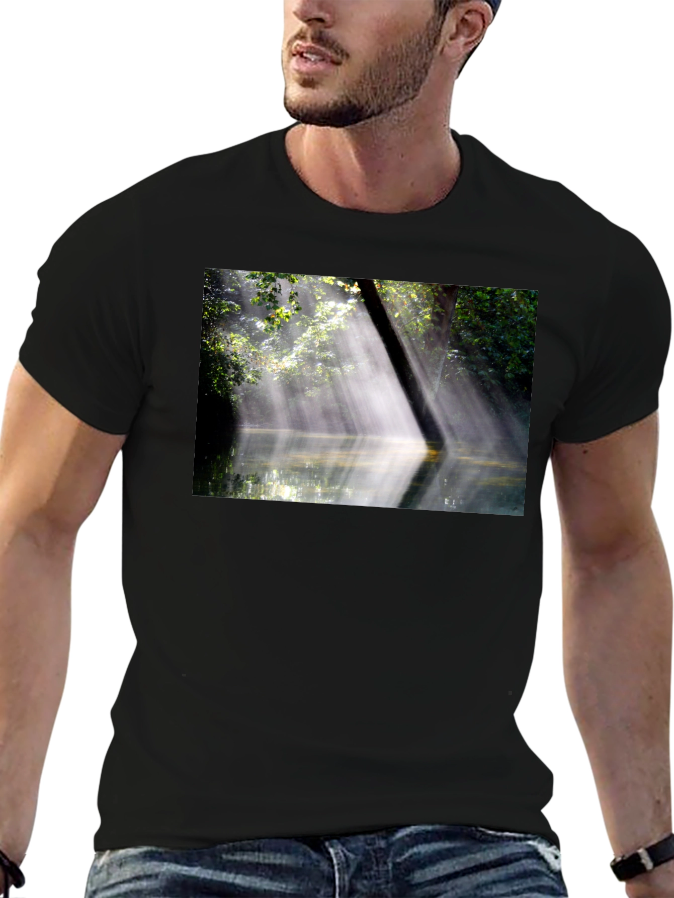 Black Nature's Embrace Tee - Sunlit Forest Design view 6
