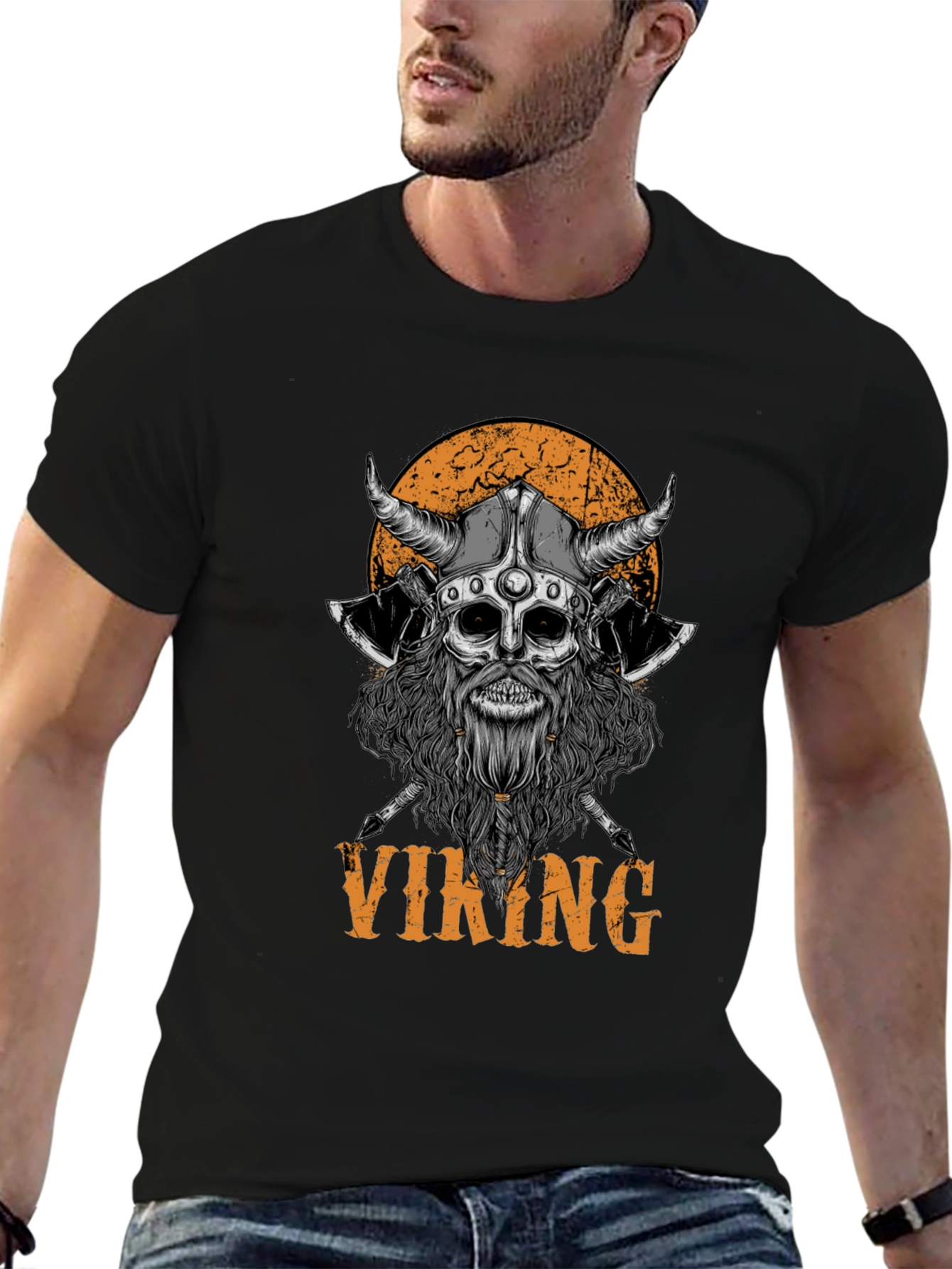 Black Viking Skull Graphic Black T-Shirt view 6