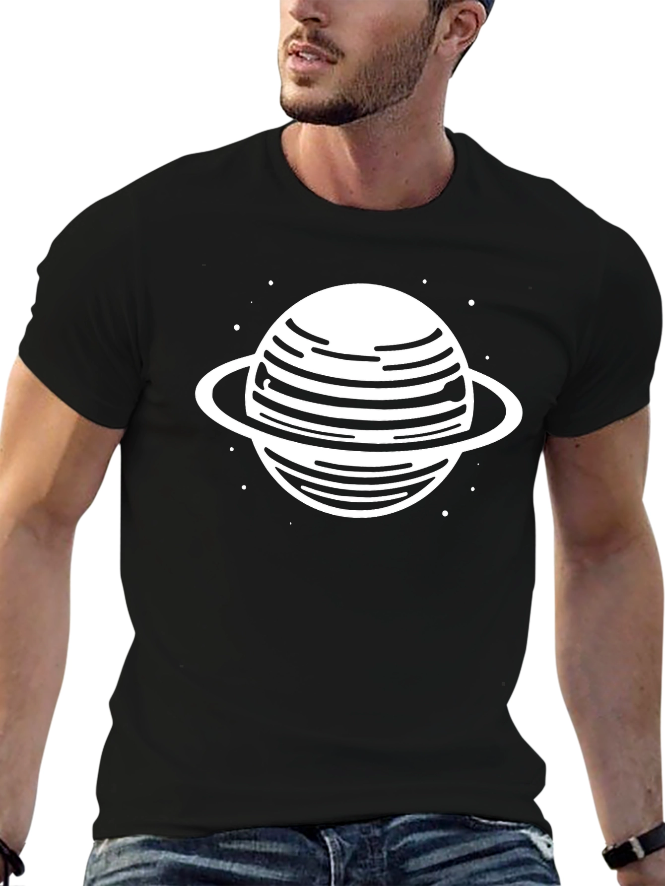 Black Saturn Graphic Tee - Trendy Black Cotton Blend T-Shirt view 6