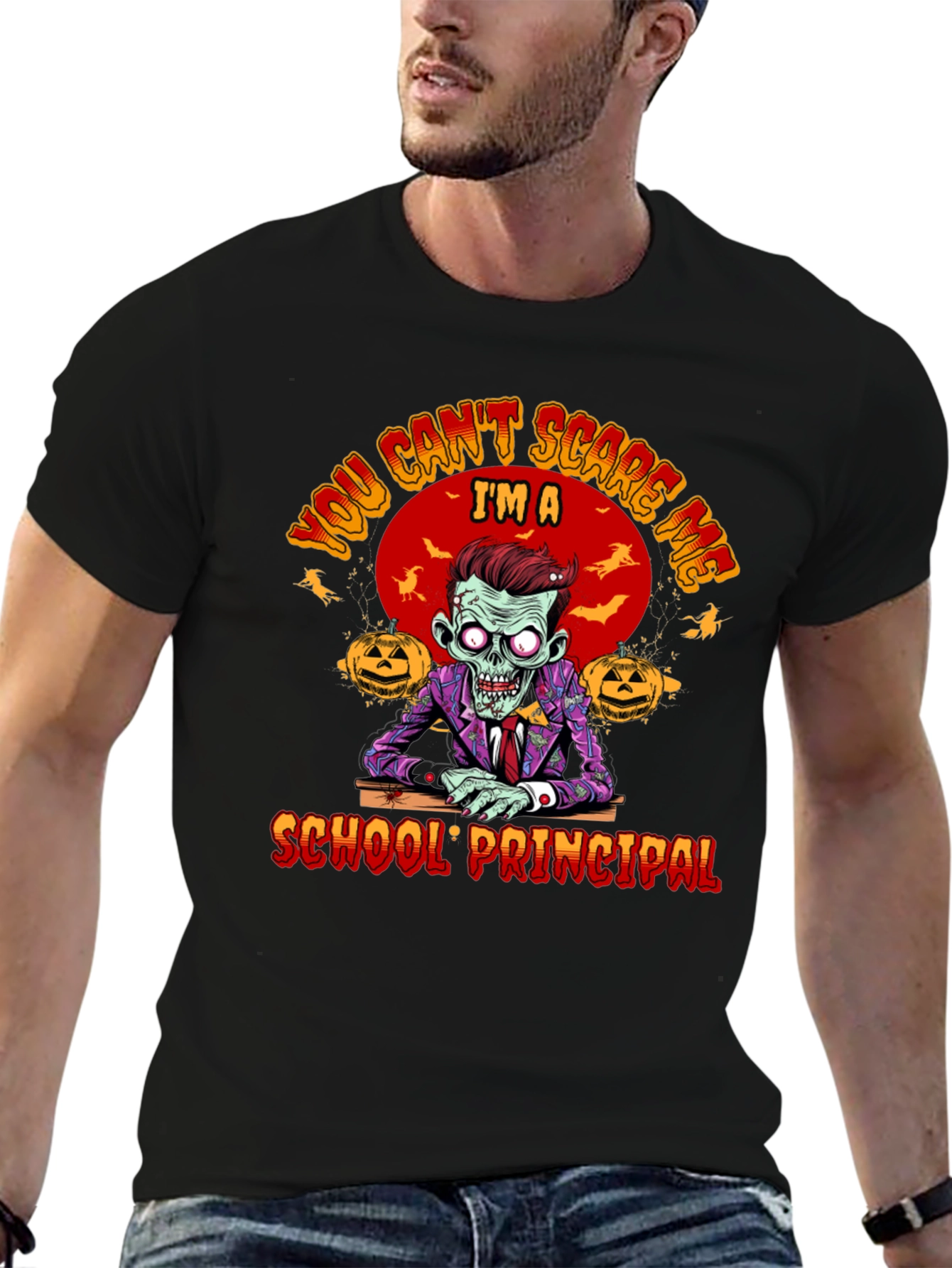 Black You Can't Scare Me I'm a School Principal Zombie T-Shirt view 6