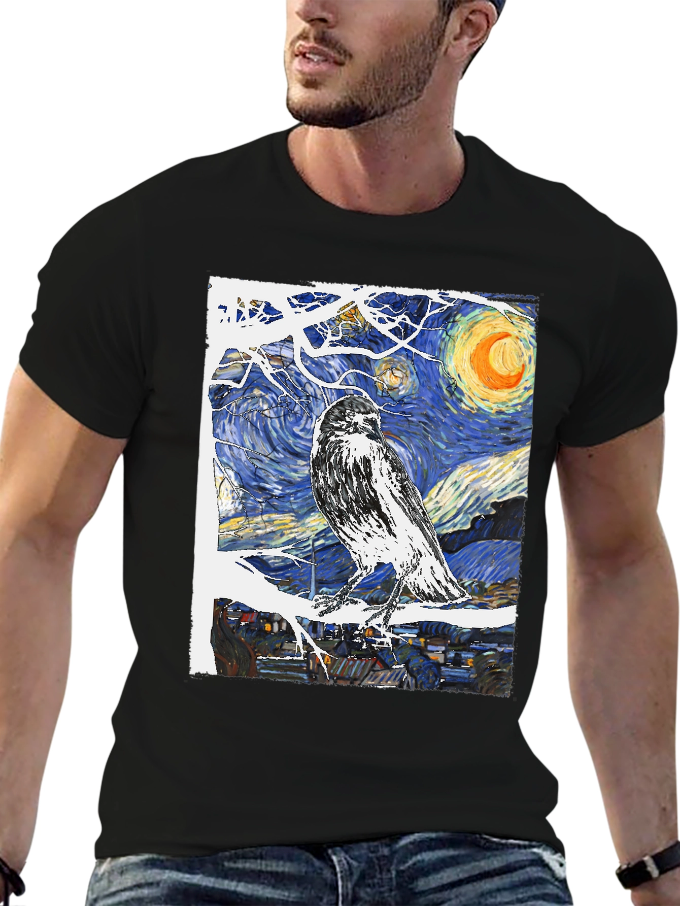 Black Starry Night Raven T-Shirt Art Tee view 6