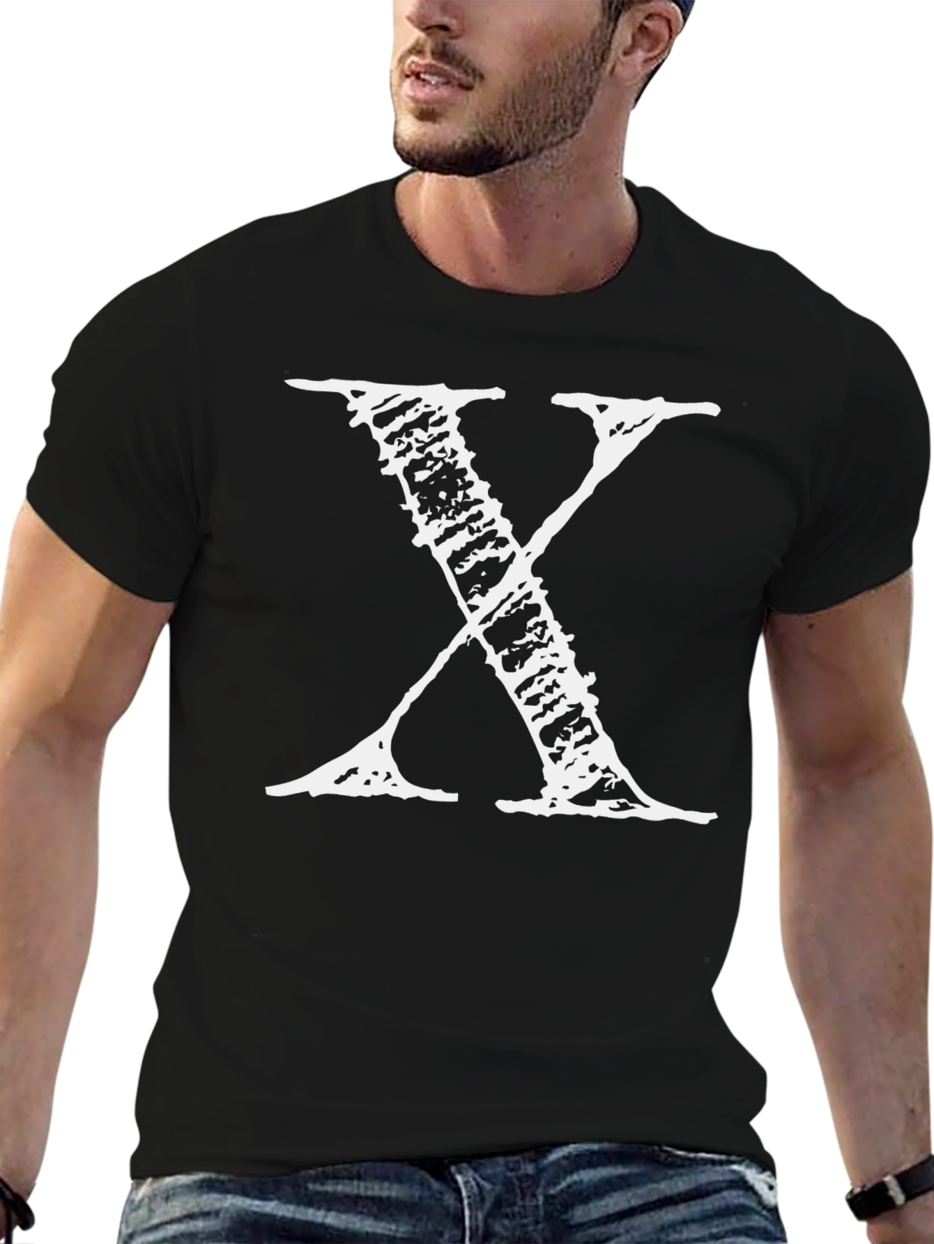 Black Men's Black T-Shirt with Distressed White "X" Print view 6