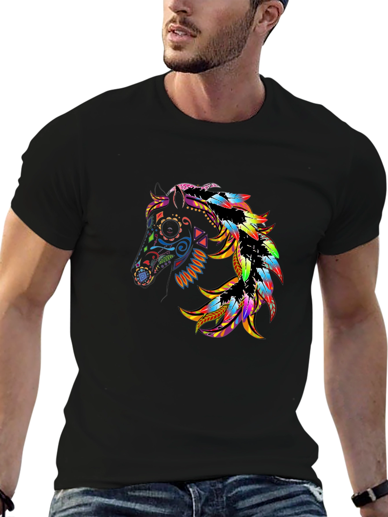 Black Black Tee with Colorful Horse Graphic view 6