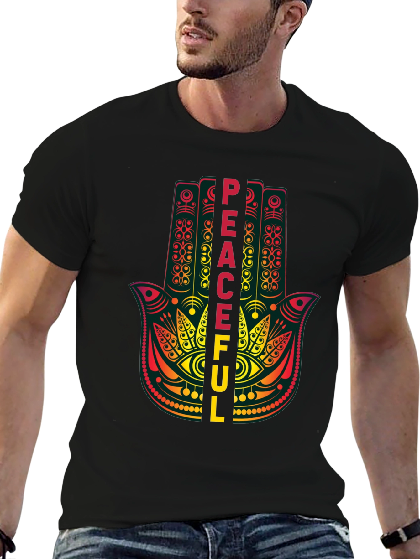 Black Peaceful Hamsa Hand Graphic T-Shirt view 6