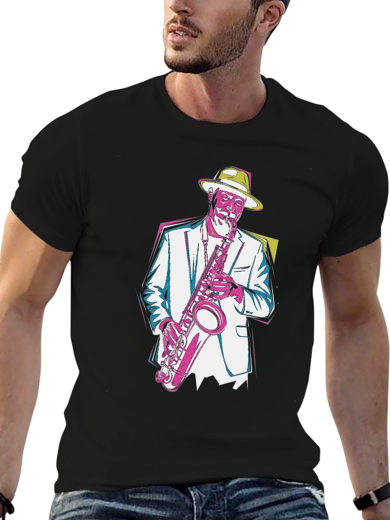 Black Jazz Saxophone Graphic T-Shirt - Cool Music Tee view 6
