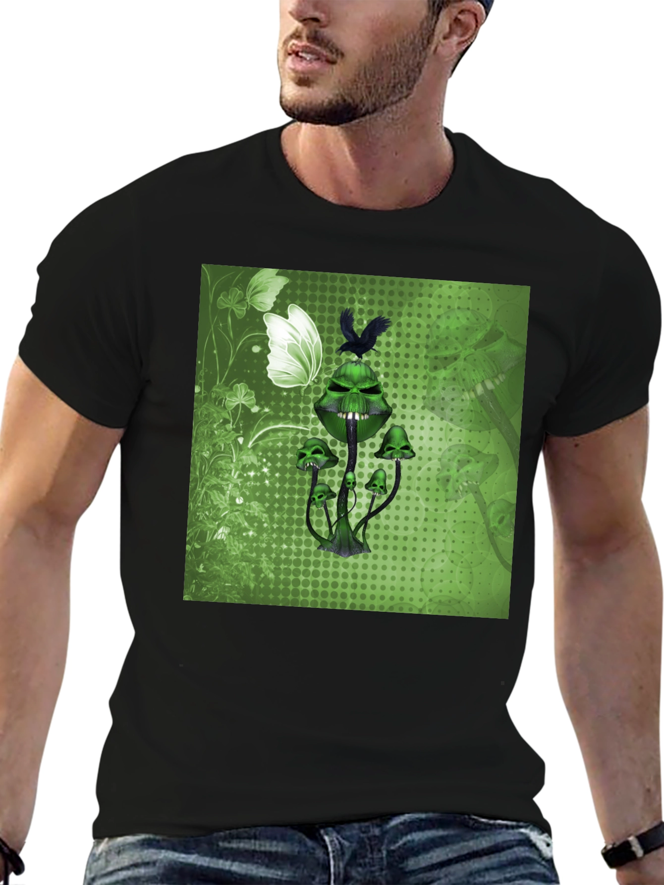 Black Grim Green Mushroom Graphic Tee - Edgy & Unique view 6