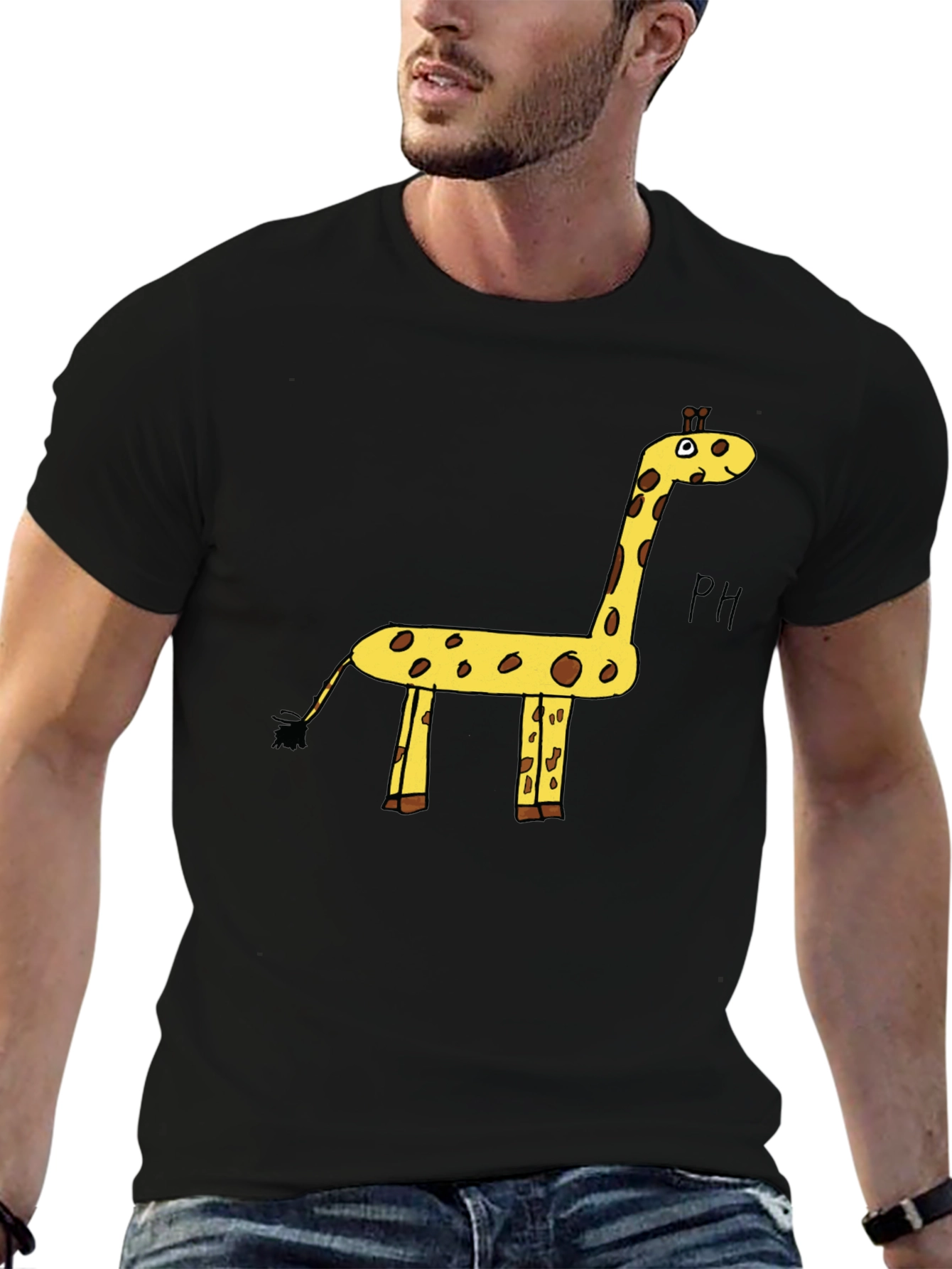 Black Giraffe Cartoon Graphic Tee - Black Cotton T-Shirt view 6