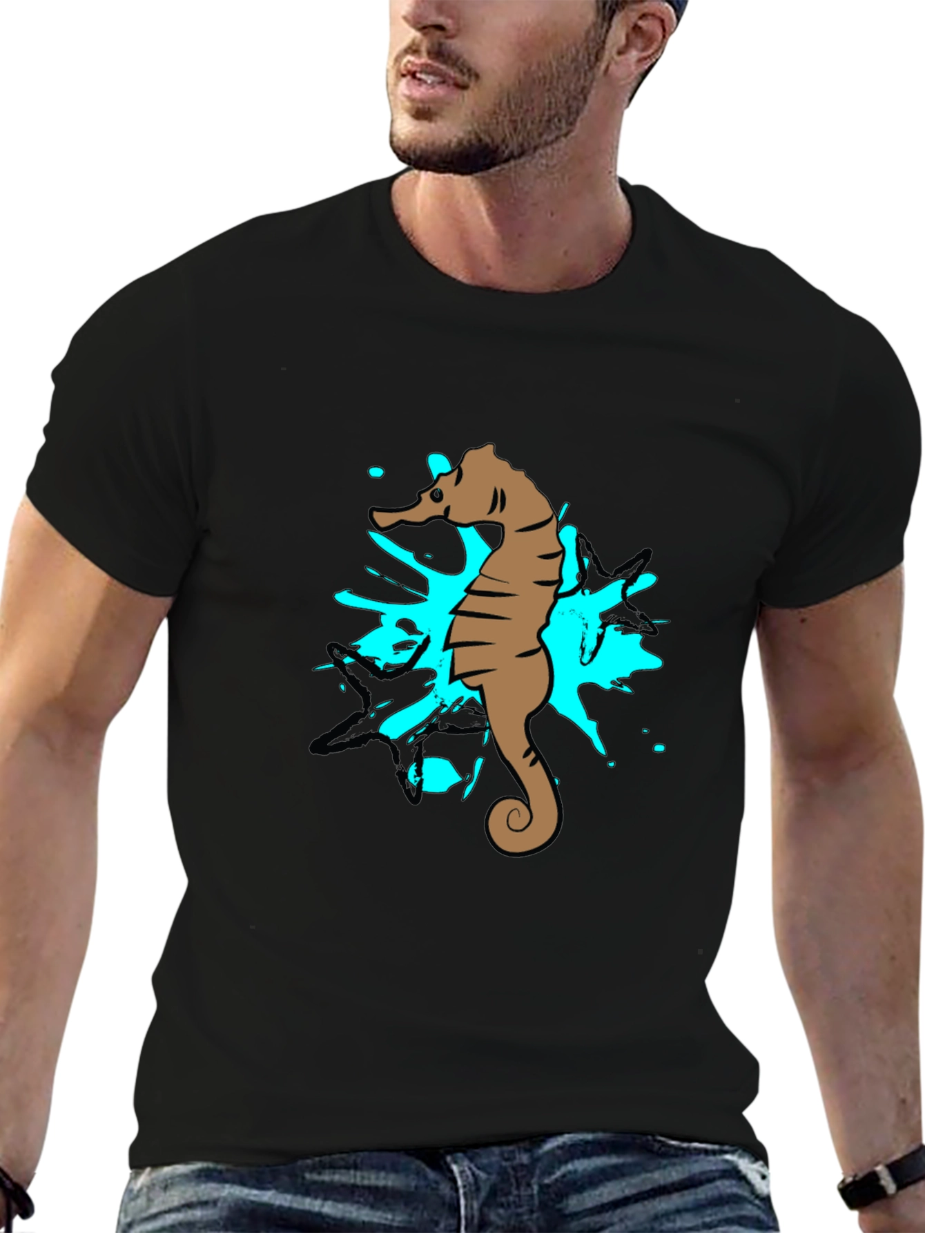 Black Seahorse Splash Graphic T-Shirt - Black Cotton Tee view 6