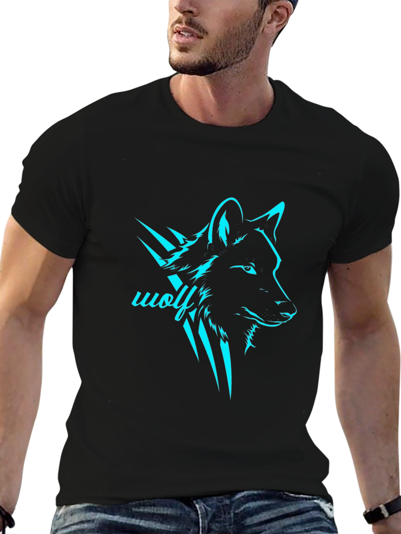 Black Men's Black Wolf Graphic T-Shirt view 6