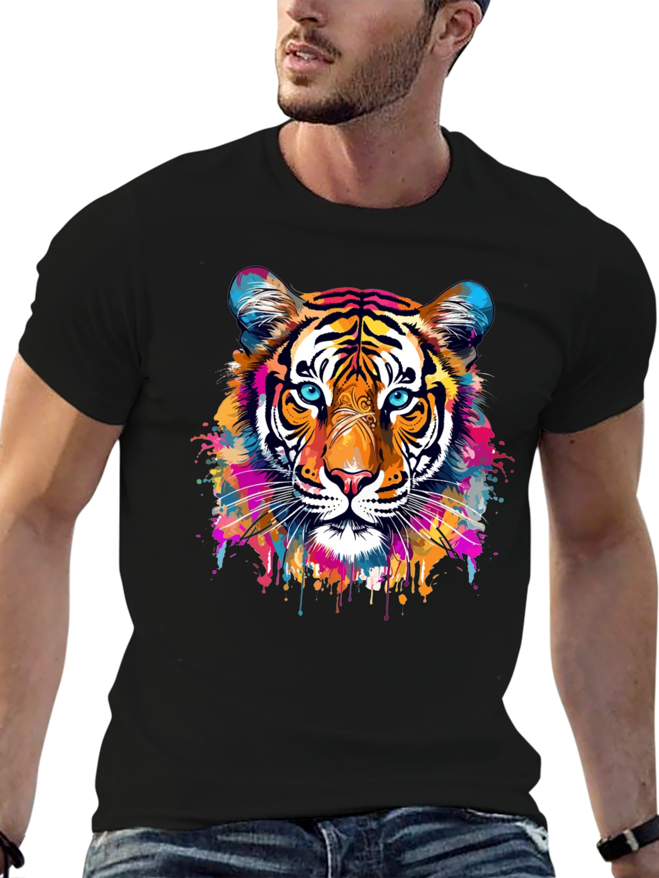 Black Vibrant Tiger Graphic Black T-Shirt view 6