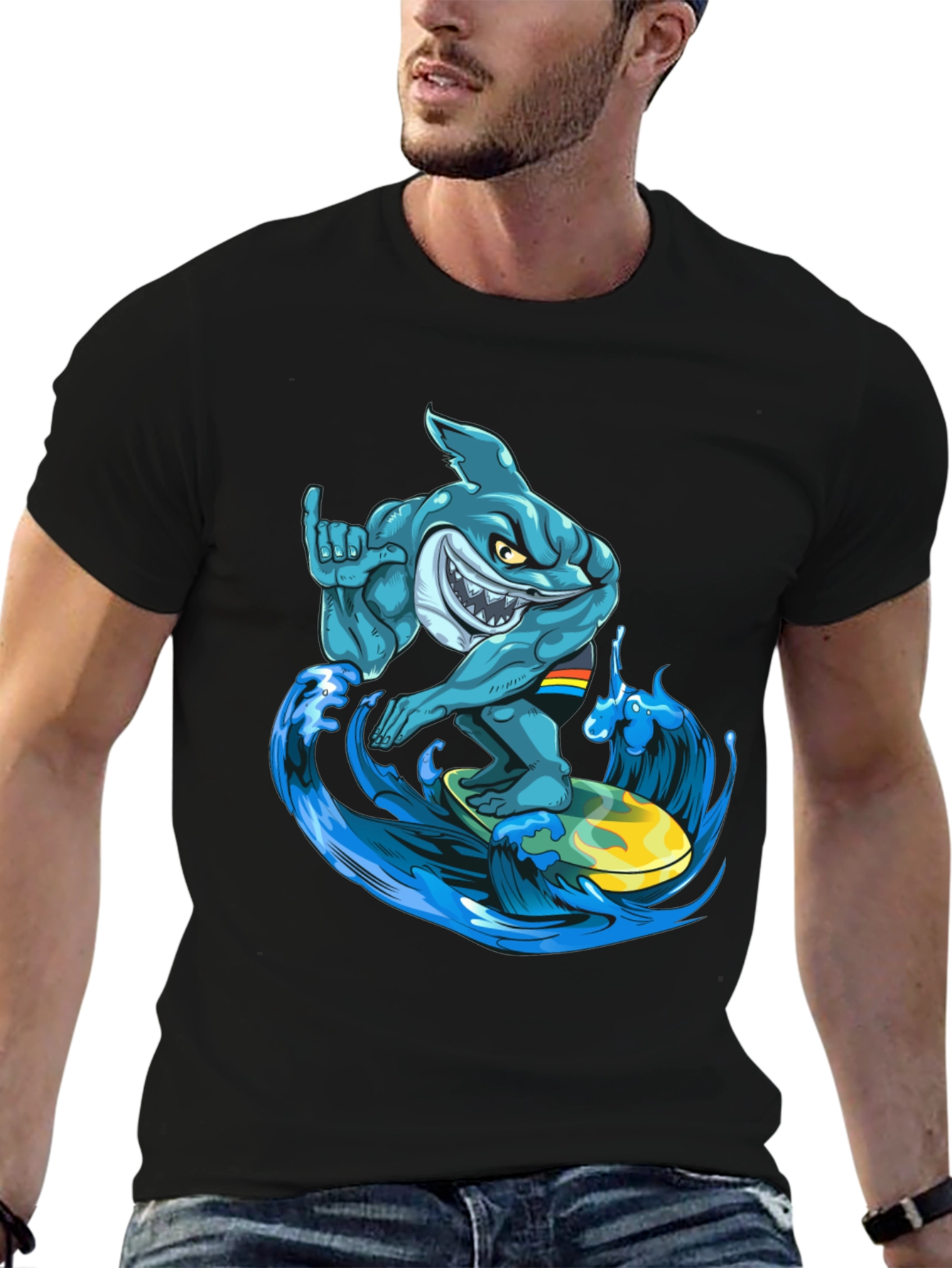 Black Surfing Shark Graphic T-Shirt - Cool Cartoon Design view 6