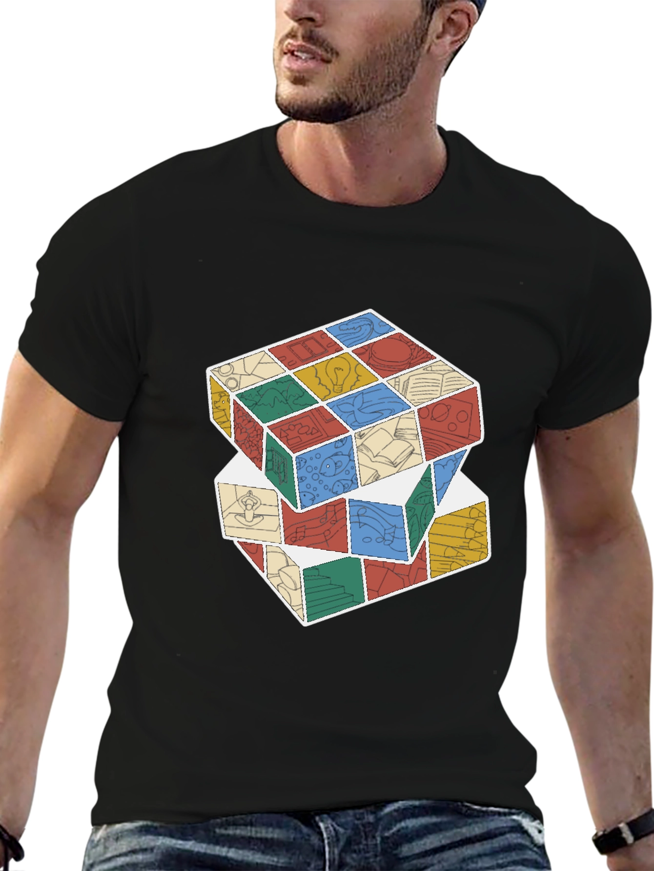 Black Stacked Cube Design Black T-Shirt view 6